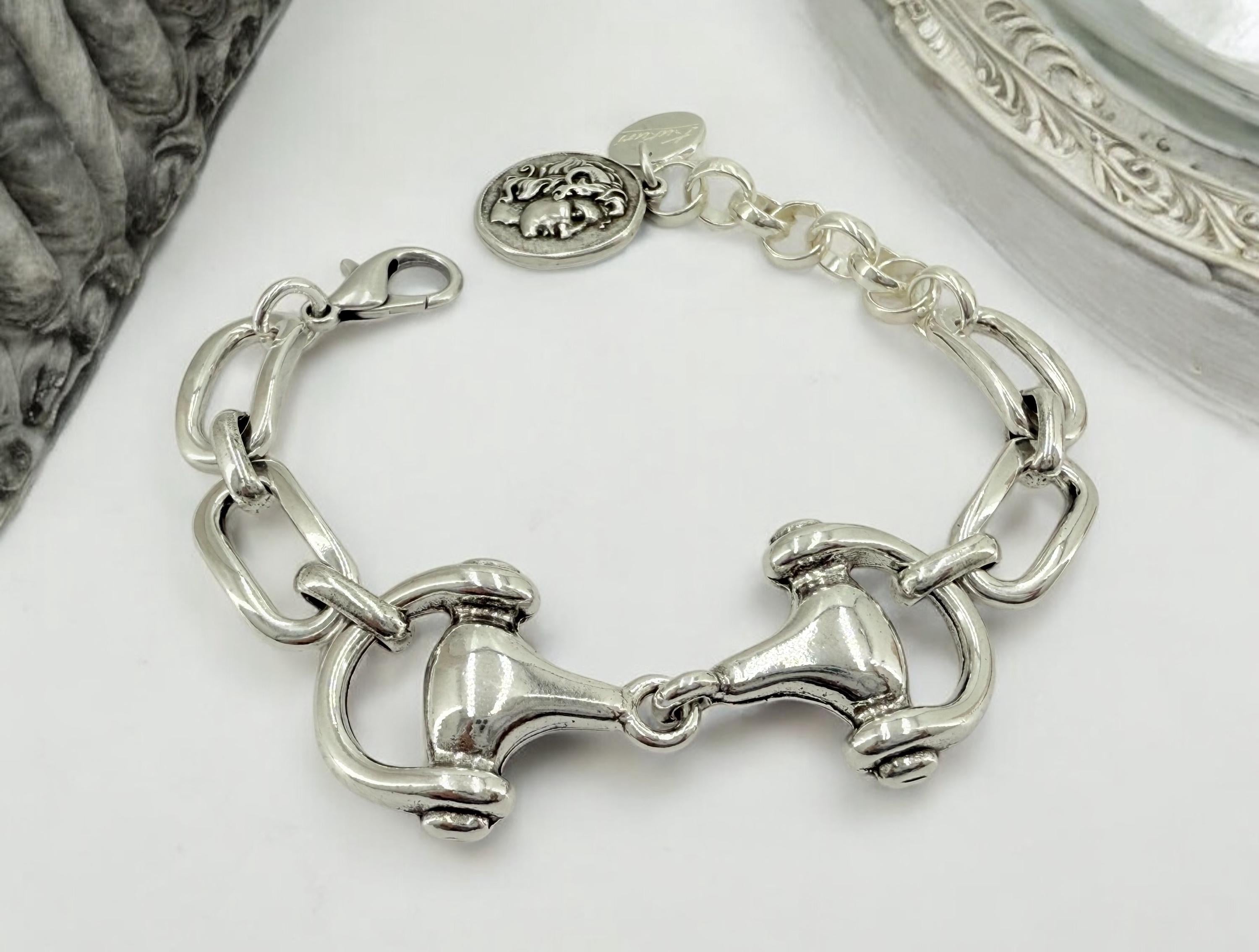 Chunky silver chain bracelet with central equestrian motif, bold customized jewelry
