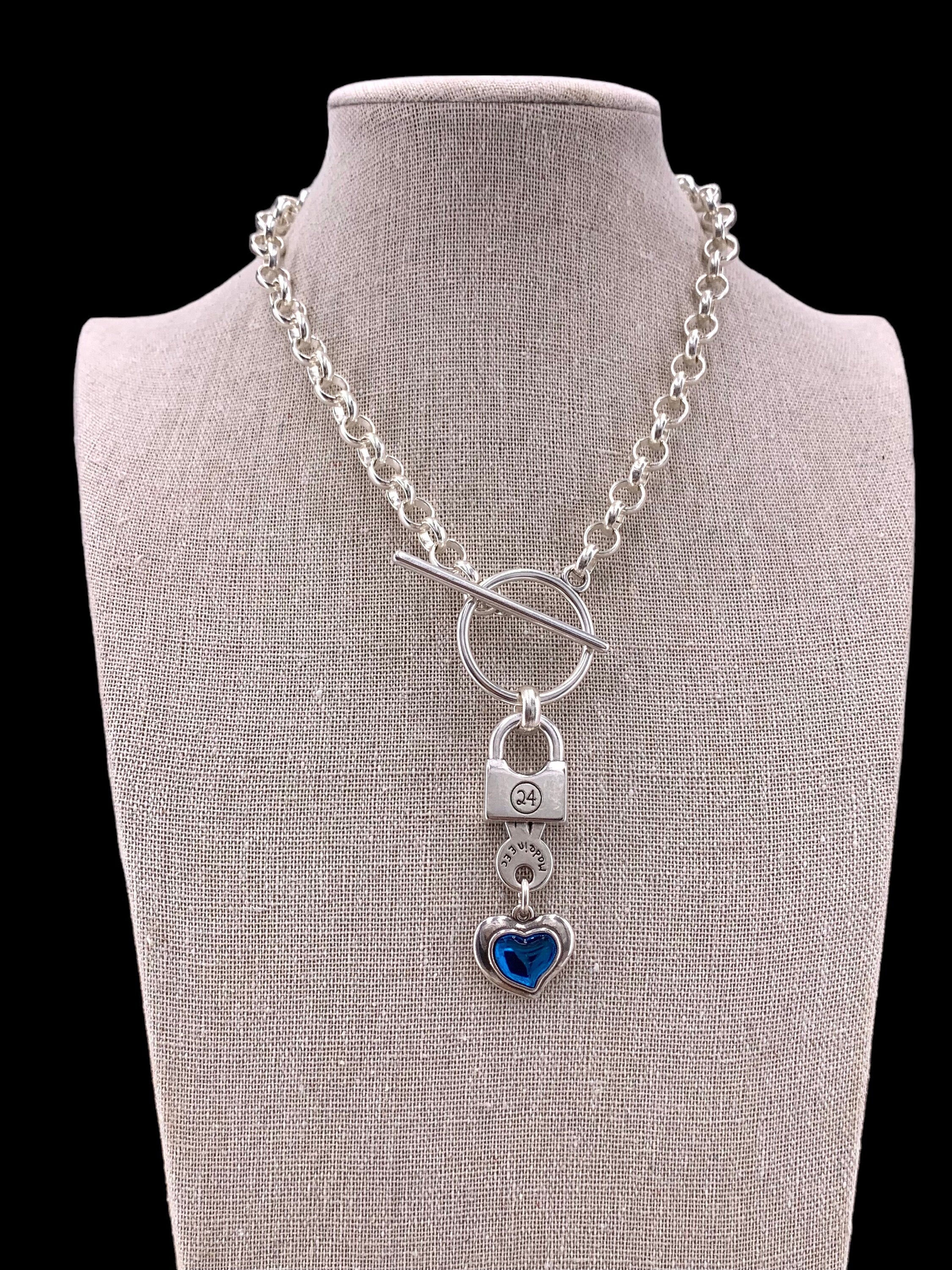 Chunky Silver Chain Necklace with Blue Heart & Padlock Pendant  Bold Toggle Clasp Statement Jewelry