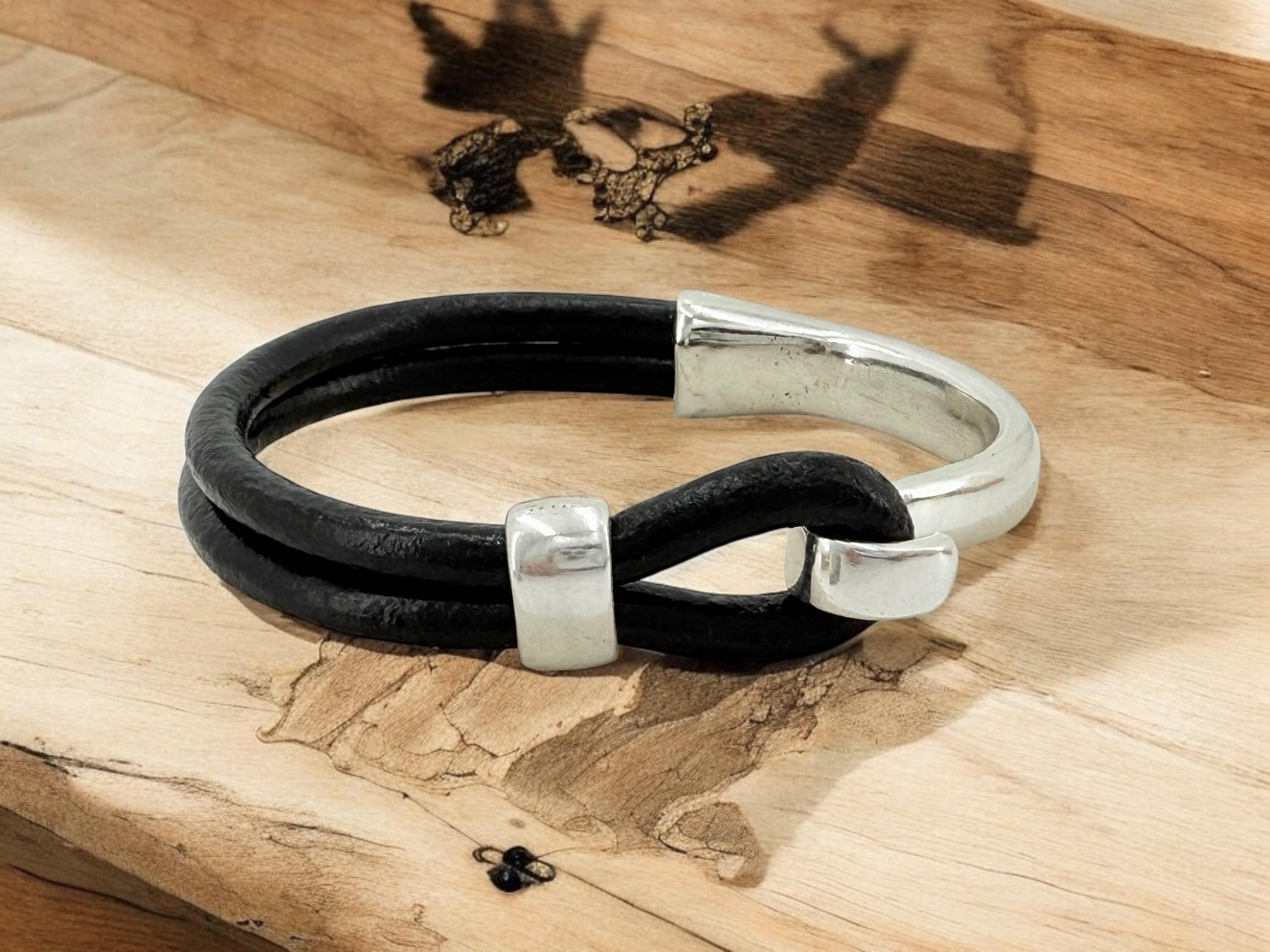 Masculine silver and leather half cuff bracelet, handmade customized jewelry for men