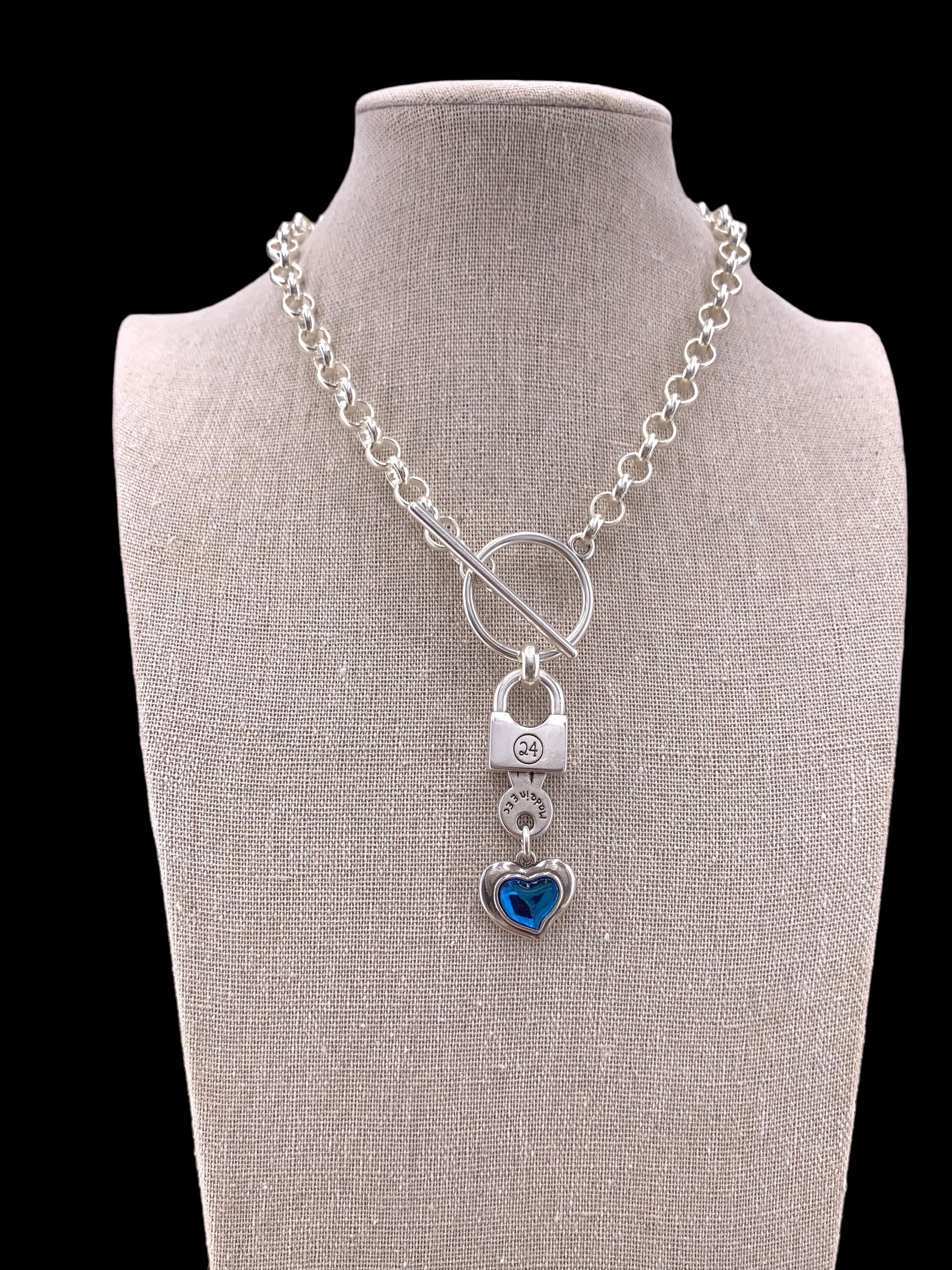 Chunky Silver Chain Necklace with Blue Heart & Padlock Pendant  Bold Toggle Clasp Statement Jewelry