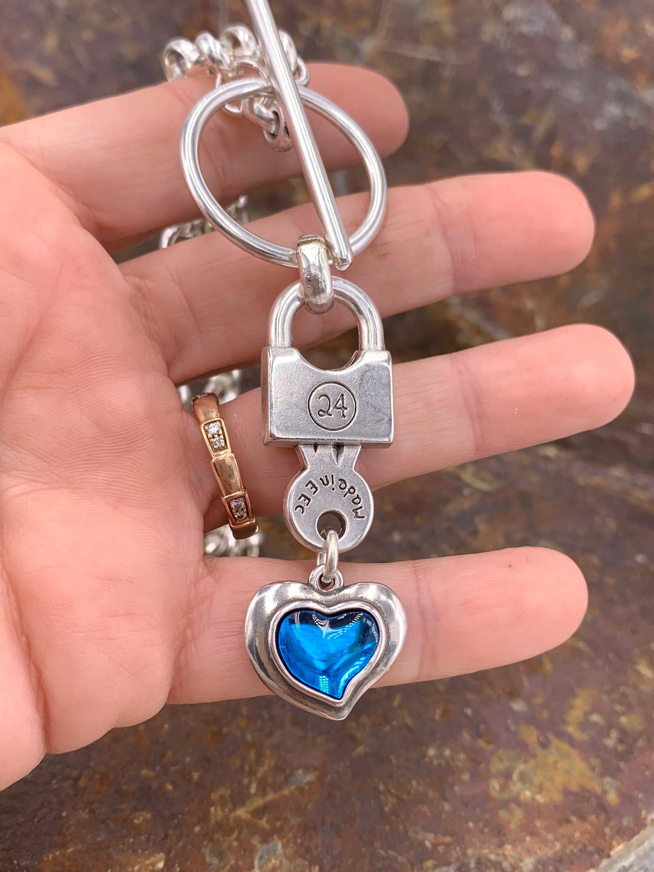 Chunky Silver Chain Necklace with Blue Heart & Padlock Pendant  Bold Toggle Clasp Statement Jewelry