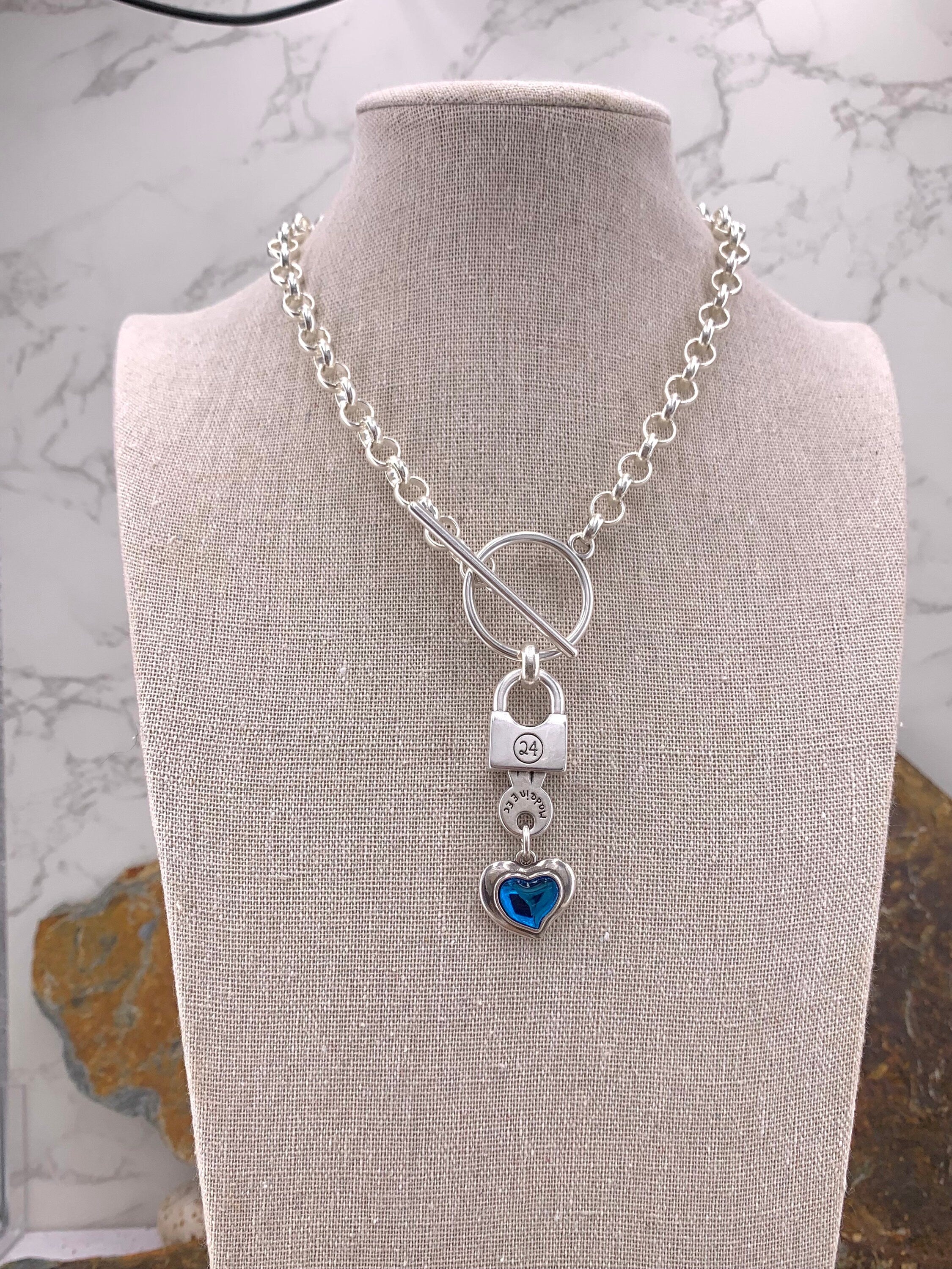 Chunky Silver Chain Necklace with Blue Heart & Padlock Pendant  Bold Toggle Clasp Statement Jewelry