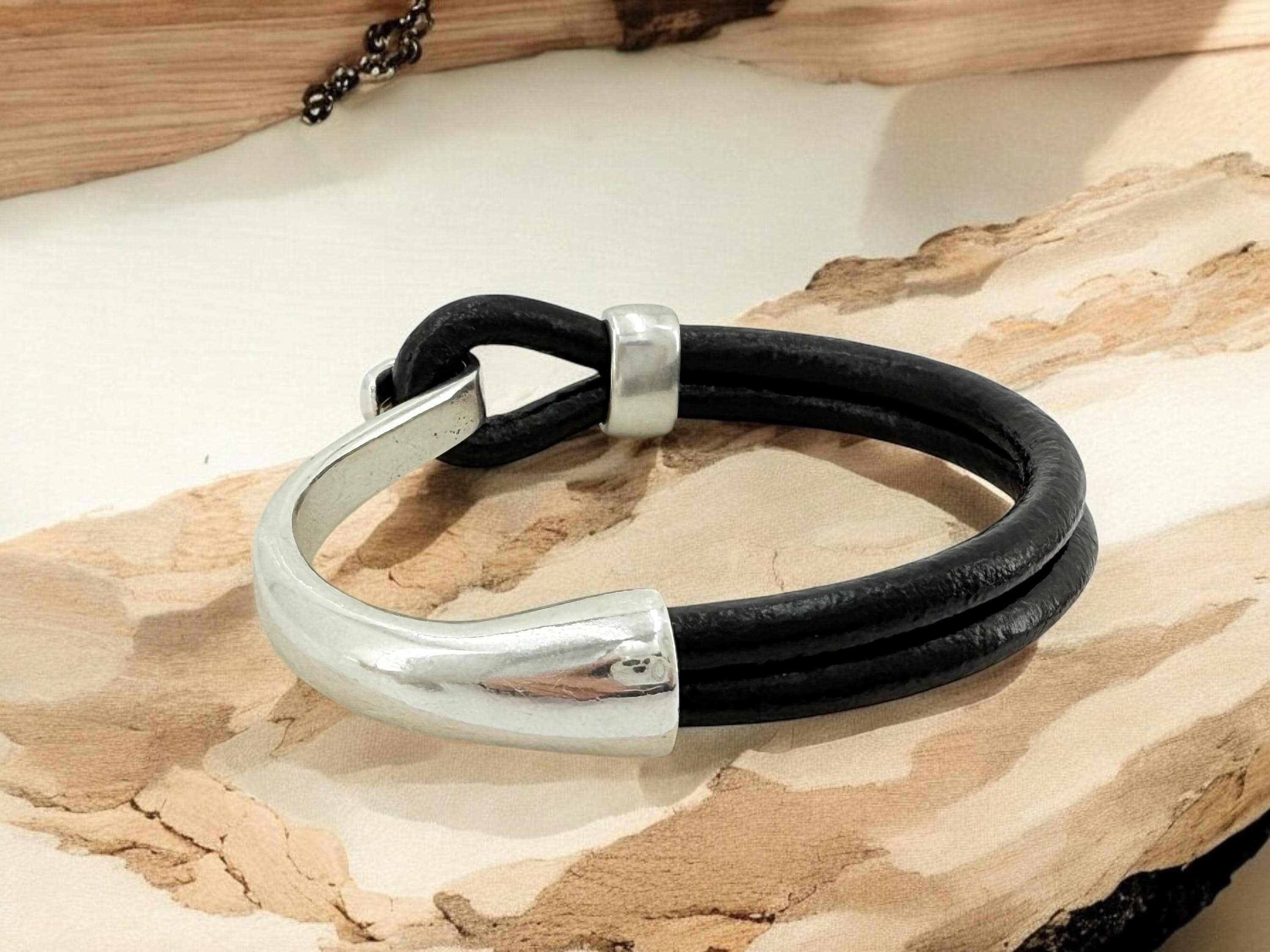 Masculine silver and leather half cuff bracelet, handmade customized jewelry for men