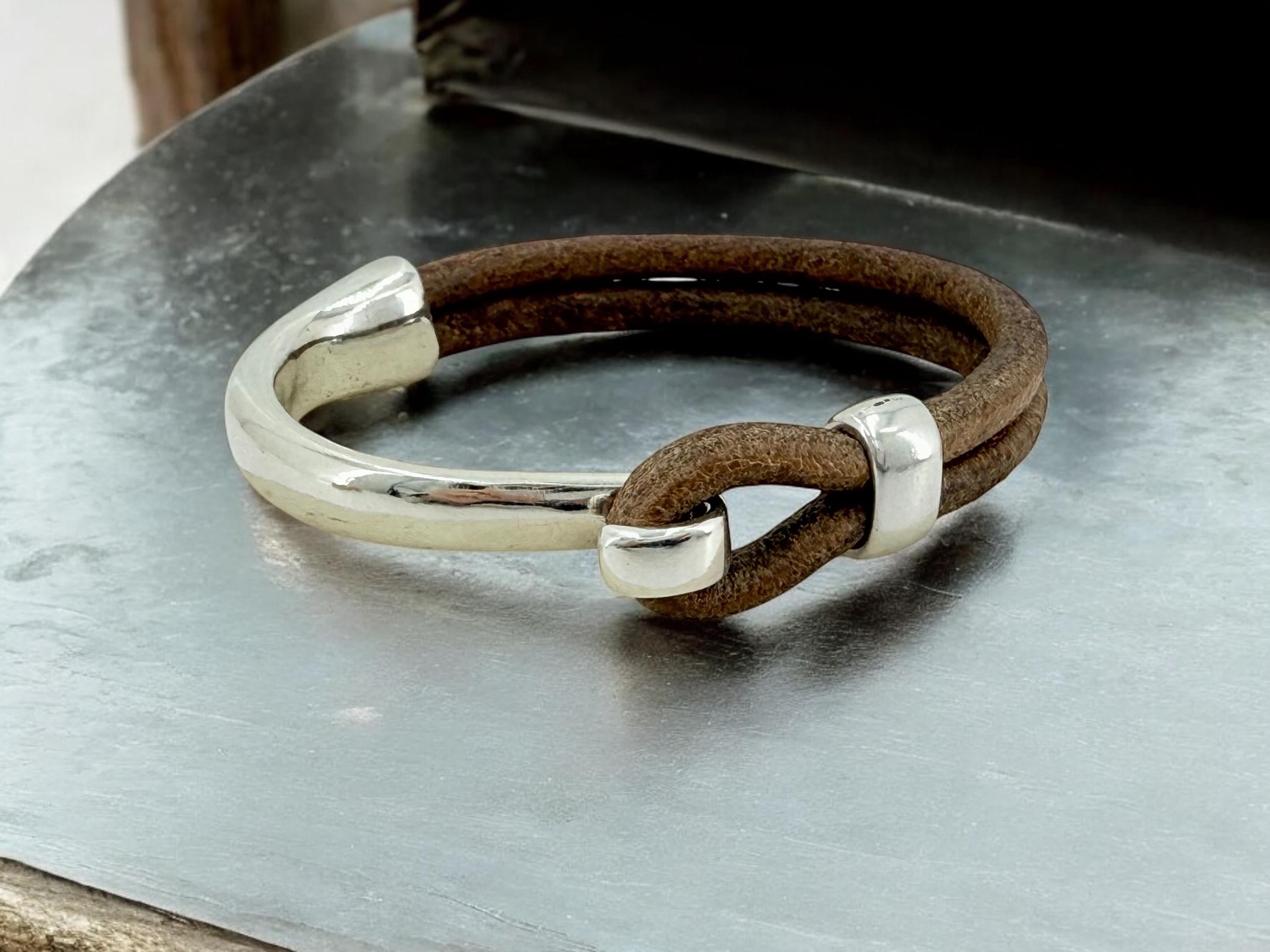 Masculine silver and leather half cuff bracelet, handmade customized jewelry for men