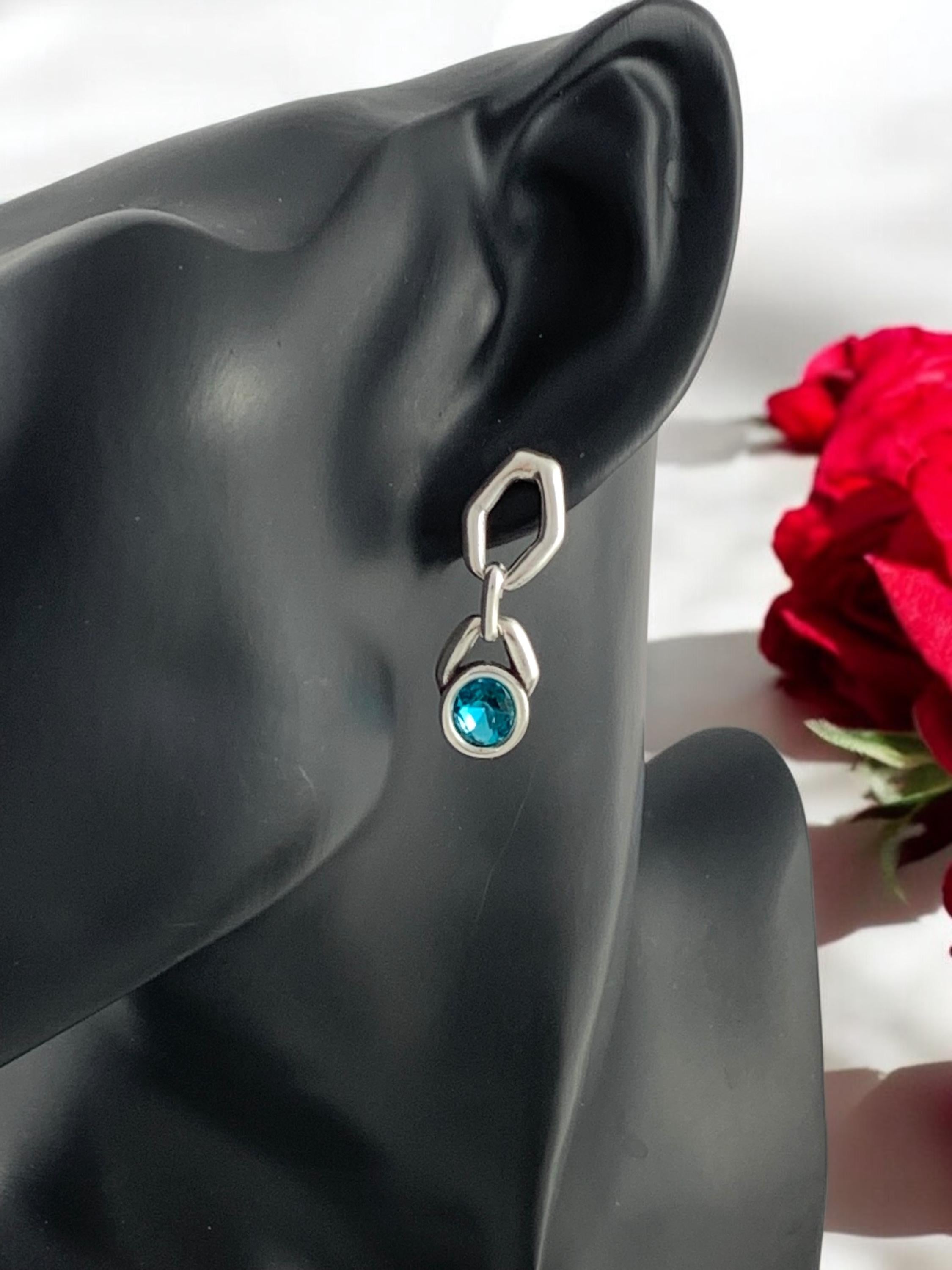 Bold Silver Earrings with Swarovski Crystal, Chunky Chain Statement Studs