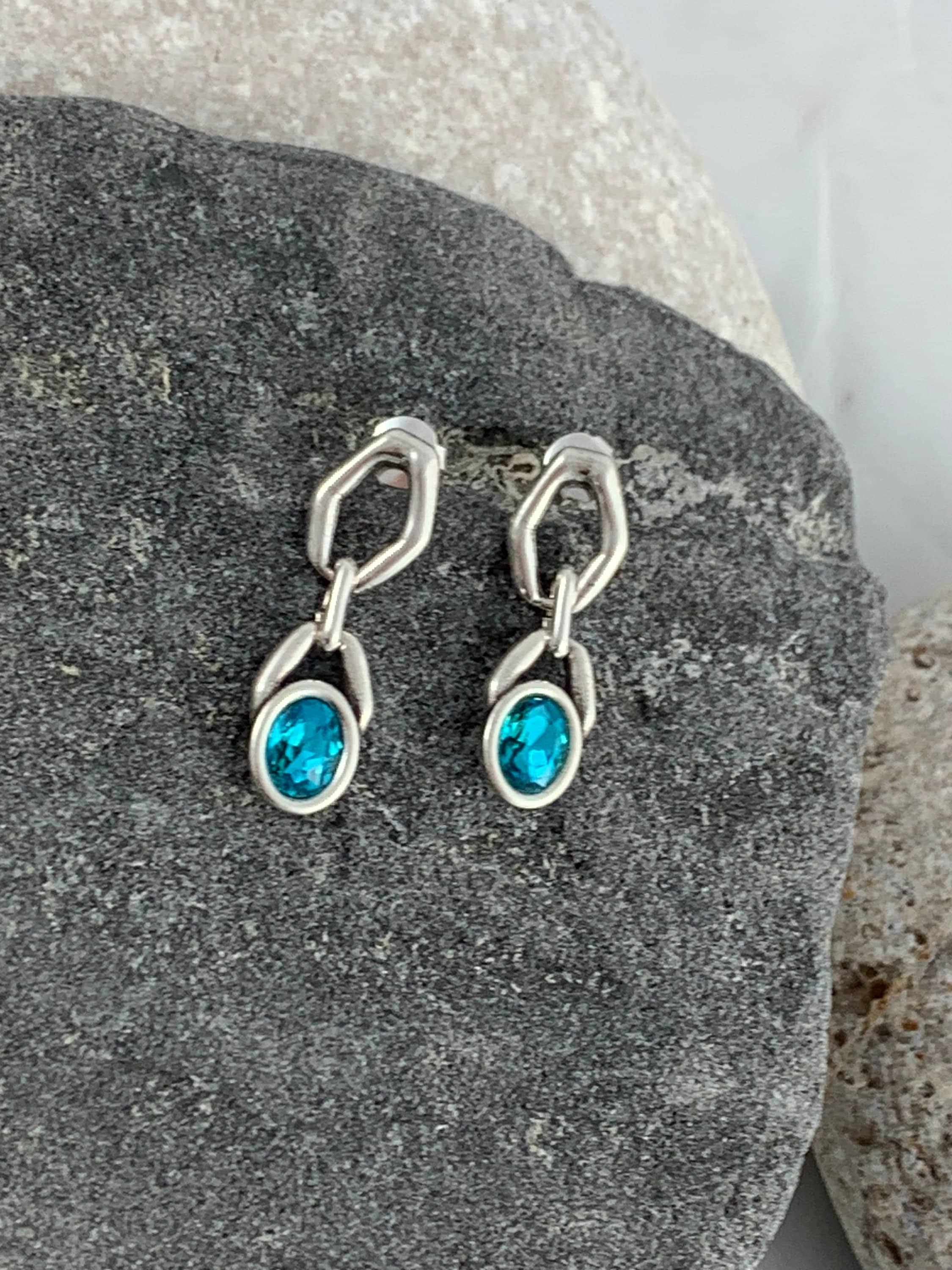 Bold Silver Earrings with Swarovski Crystal, Chunky Chain Statement Studs