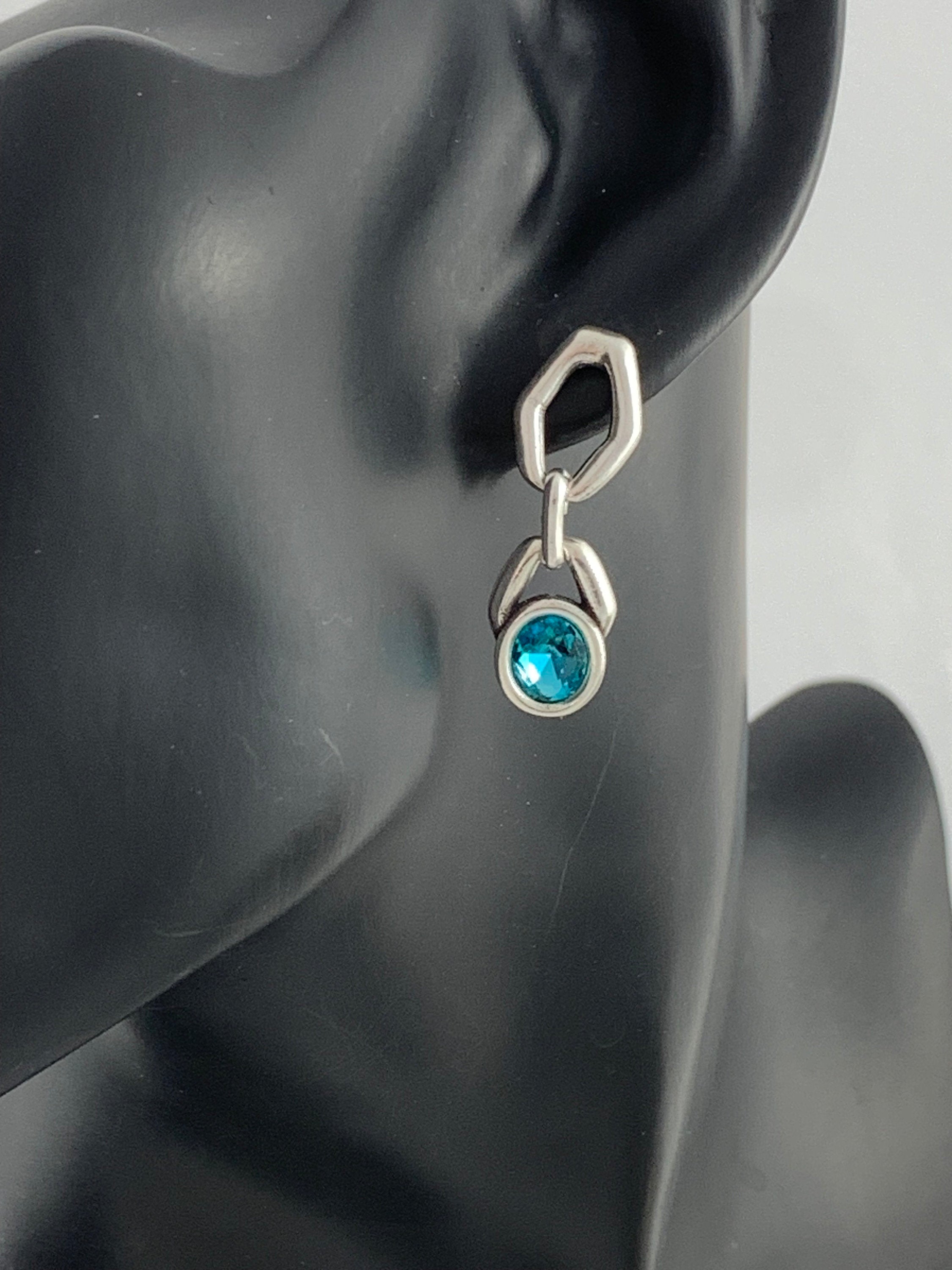 Bold Silver Earrings with Swarovski Crystal, Chunky Chain Statement Studs