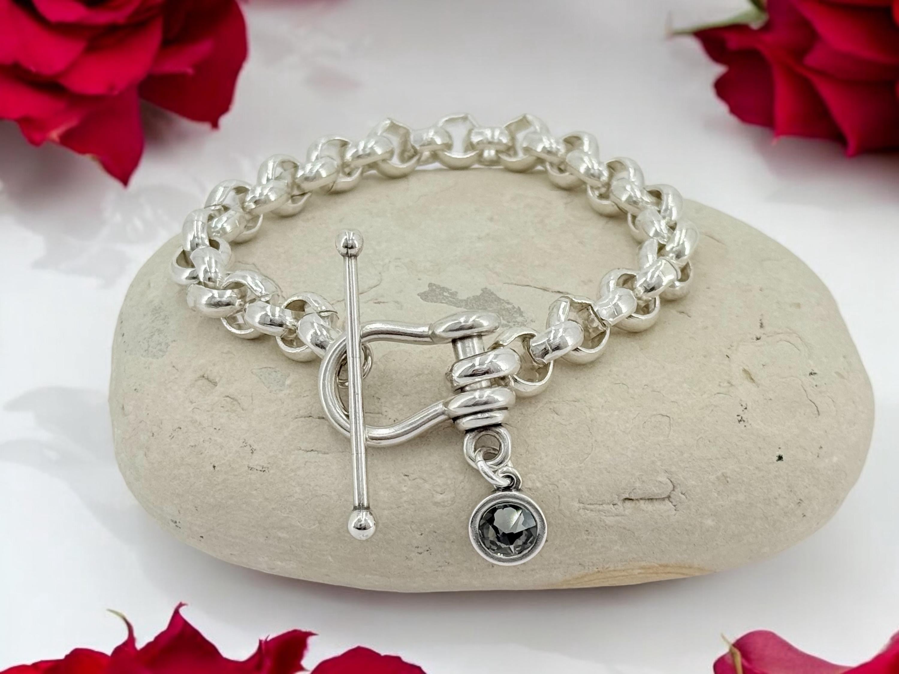 Silver chunky chain bracelet with Swarovski crystal, toggle clasp and padlock pendant, heavyweight bold bracelet, , gift