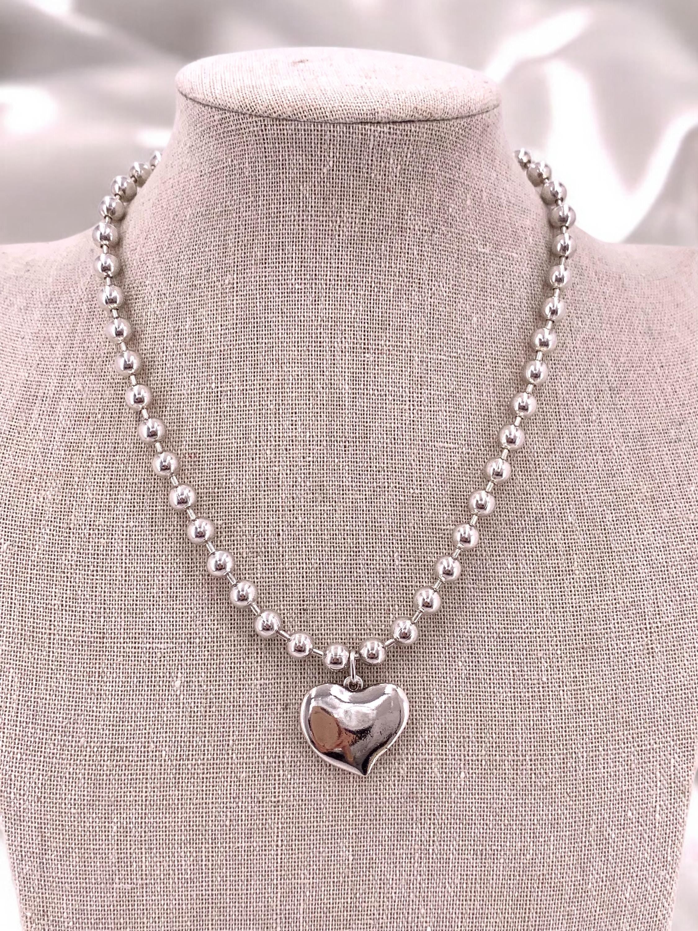 Silver plated balls chunky chain necklace with heart pendant, Minimalist custom jewelry