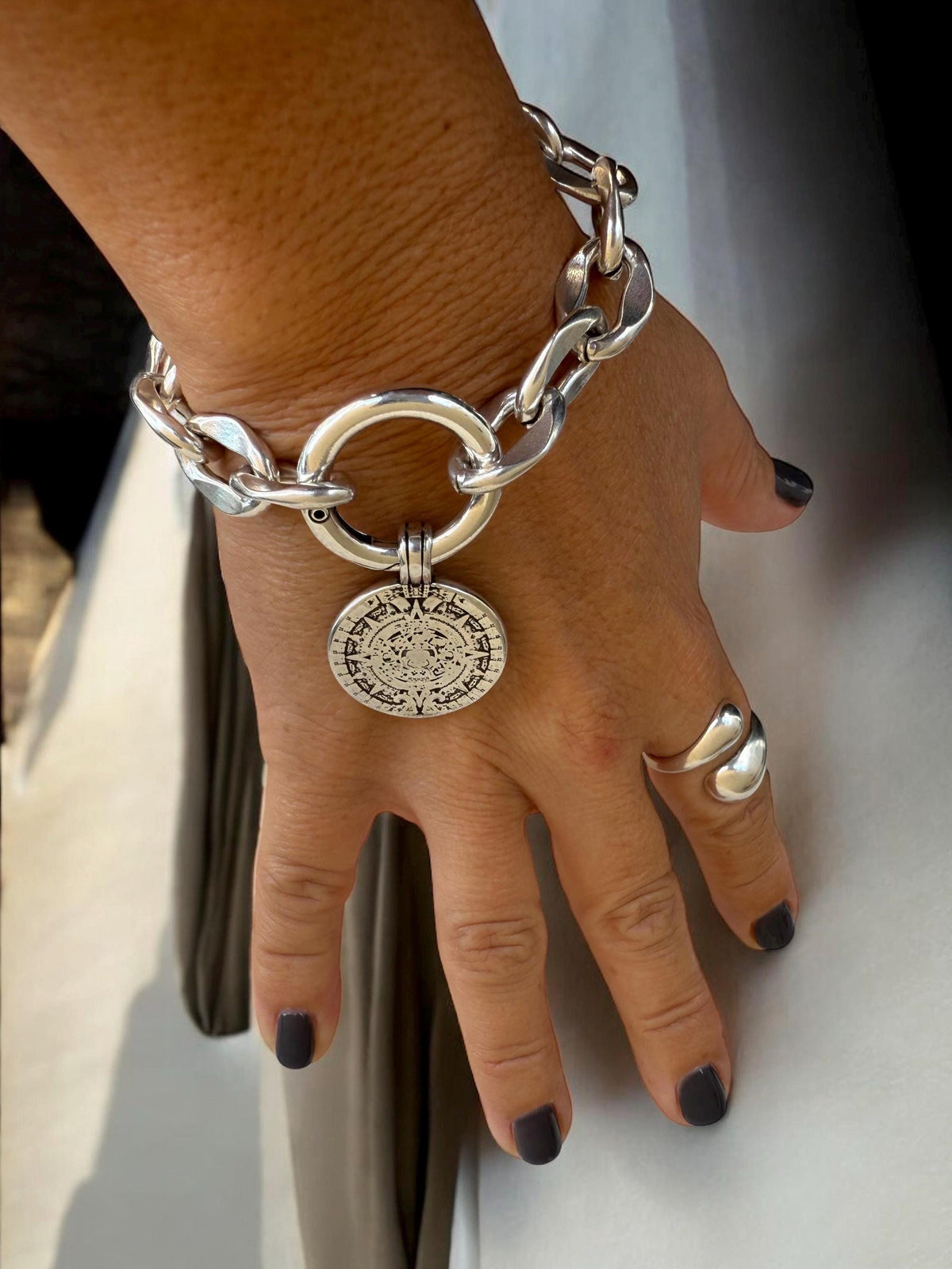 Chunky Silver special Chain Bracelet – Ancient Coin Pendant – Bold heavyweight cuff - Handmade Kukuri Jewelry