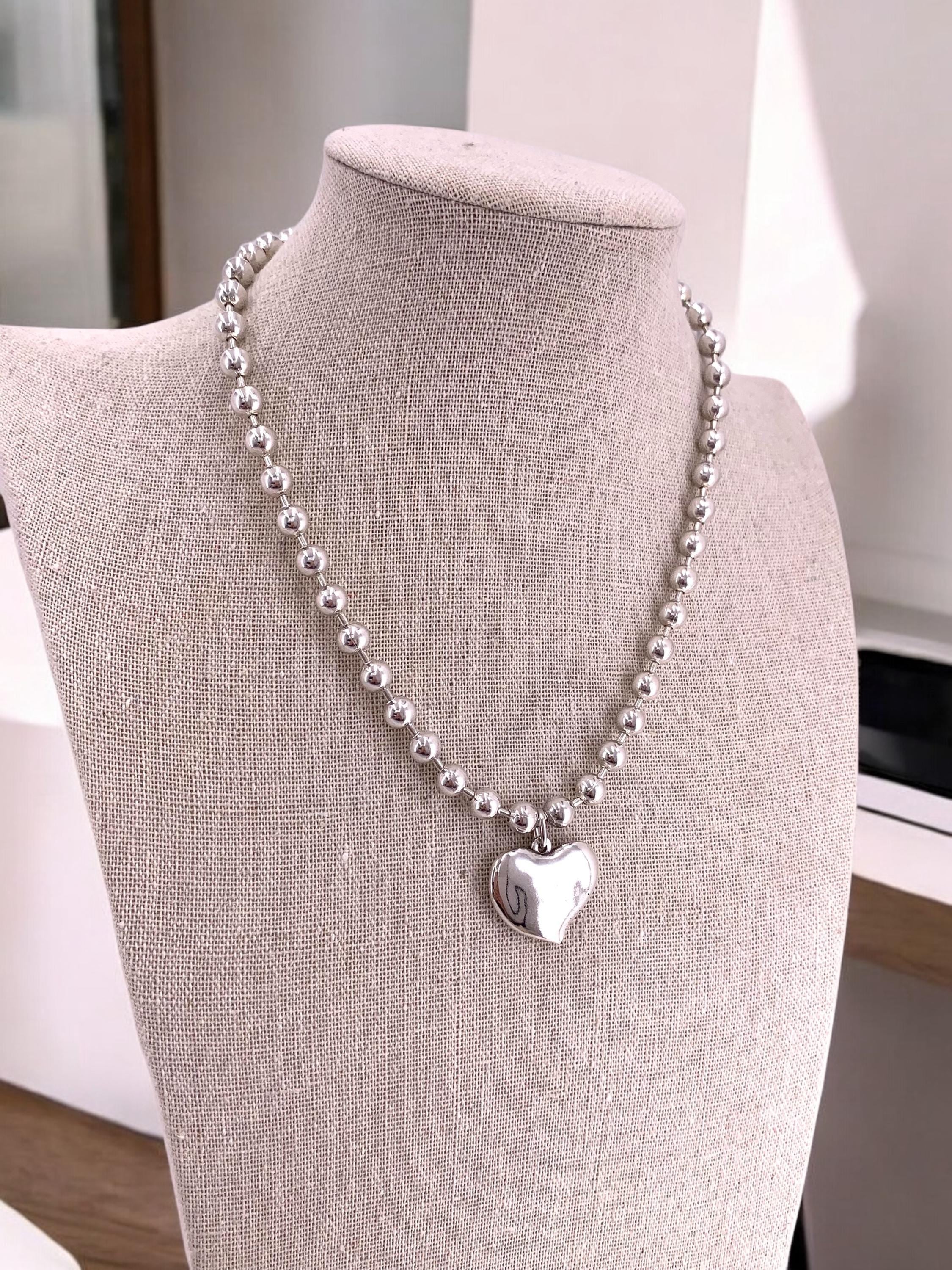 Silver plated balls chunky chain necklace with heart pendant, Minimalist custom jewelry
