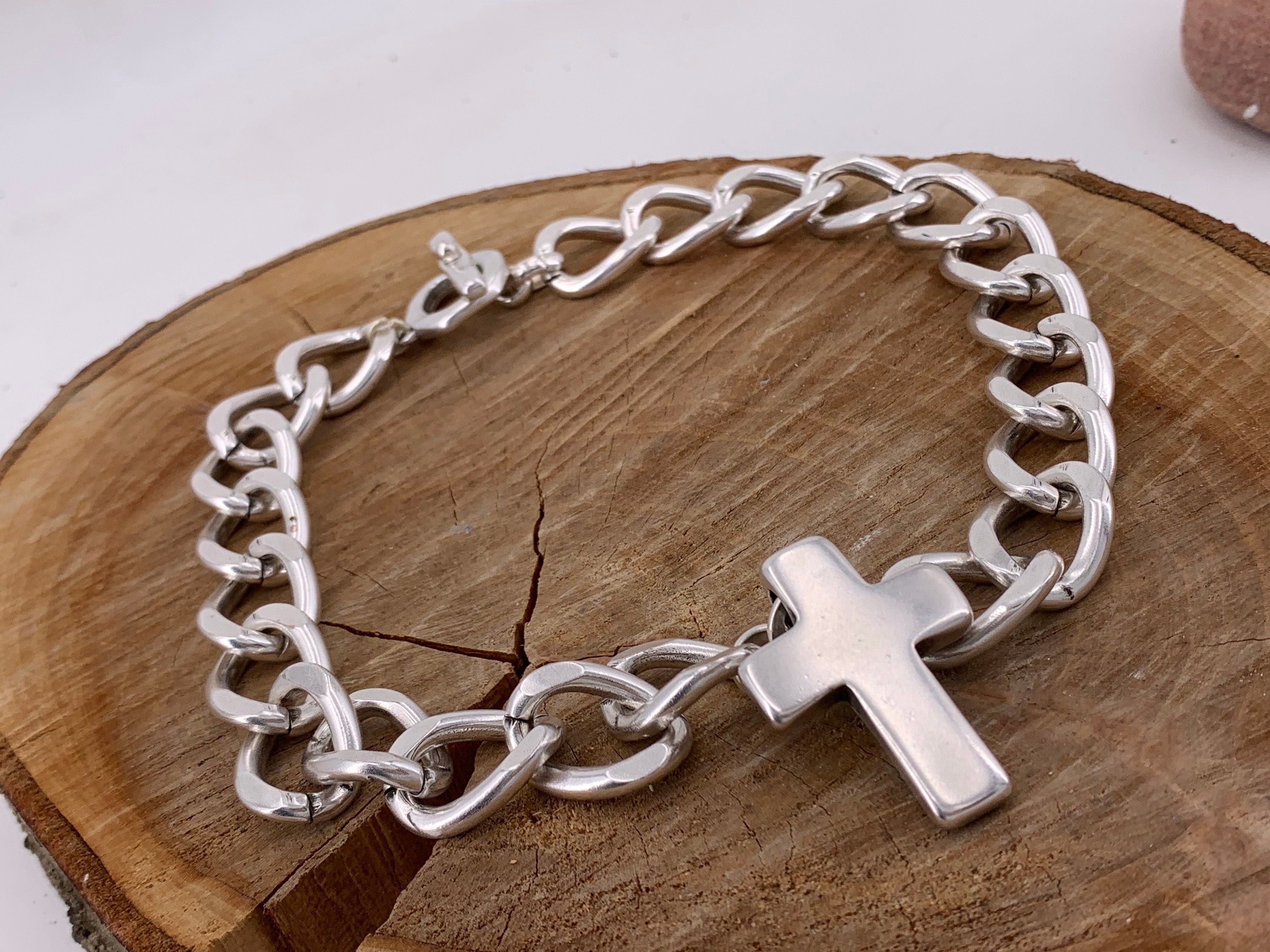 Chunky Silver cross pendant necklace, bold handmade jewelry