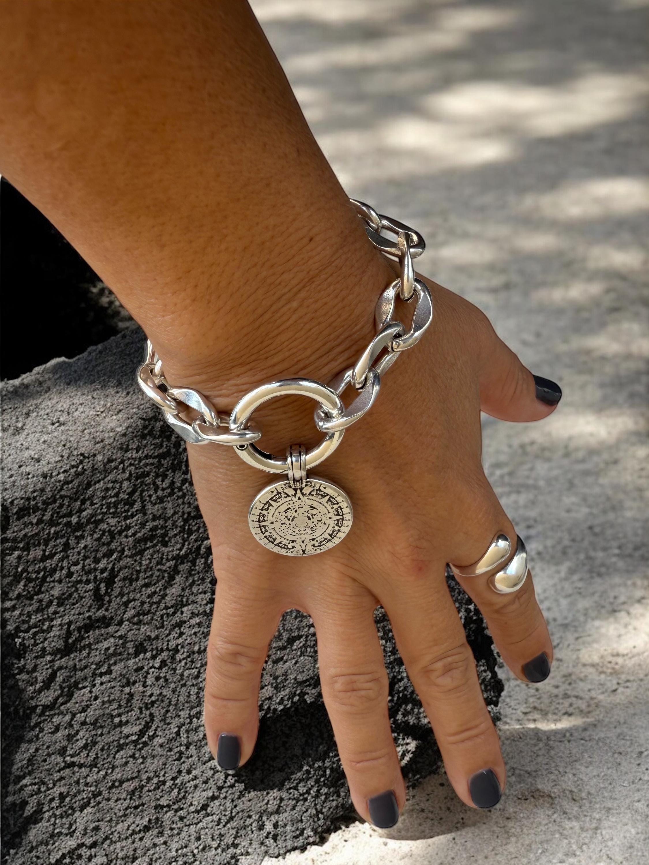 Chunky Silver special Chain Bracelet – Ancient Coin Pendant – Bold heavyweight cuff - Handmade Kukuri Jewelry