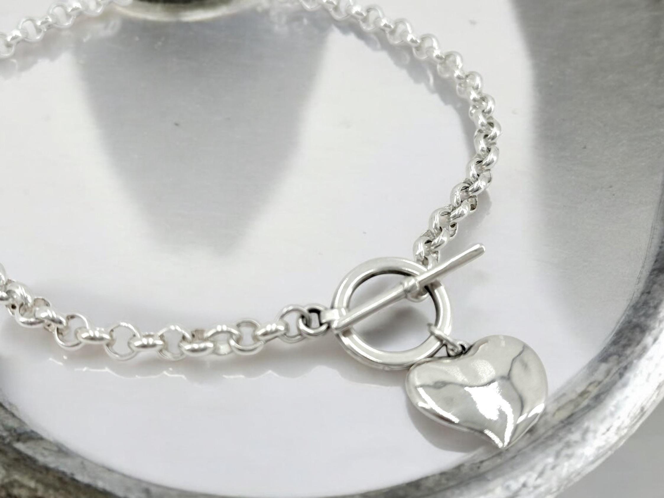 Chunky Silver Rolo Chain Necklace with Heart Pendant – Bold Toggle Clasp Choker for Women – Custom Length & Width Available,