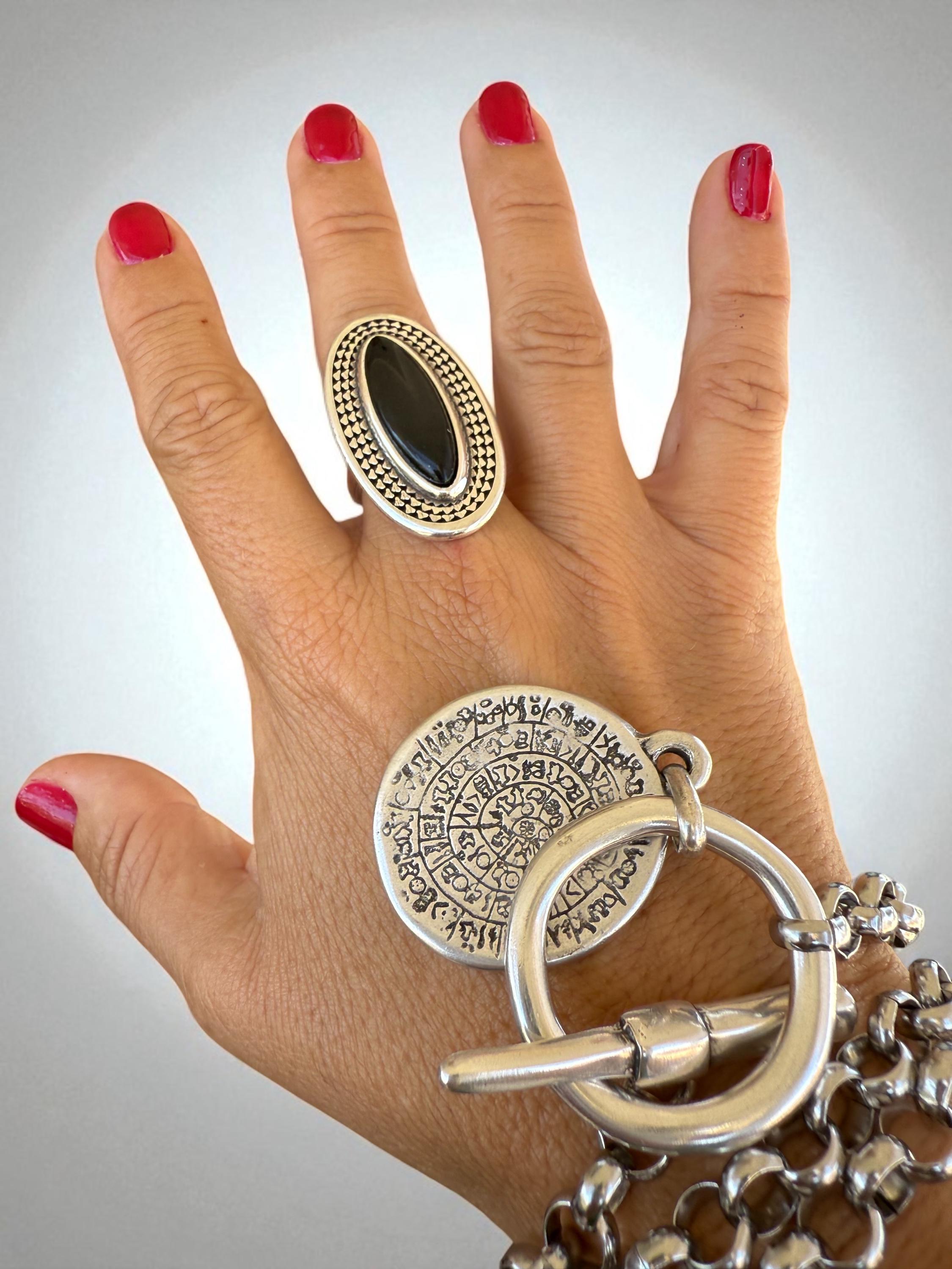 Chunky Oval Silver Ring – Bold Black Crystal Statement Band with Sculpted Texture – Adjustable Oversized Boho Jewelry - gift for her