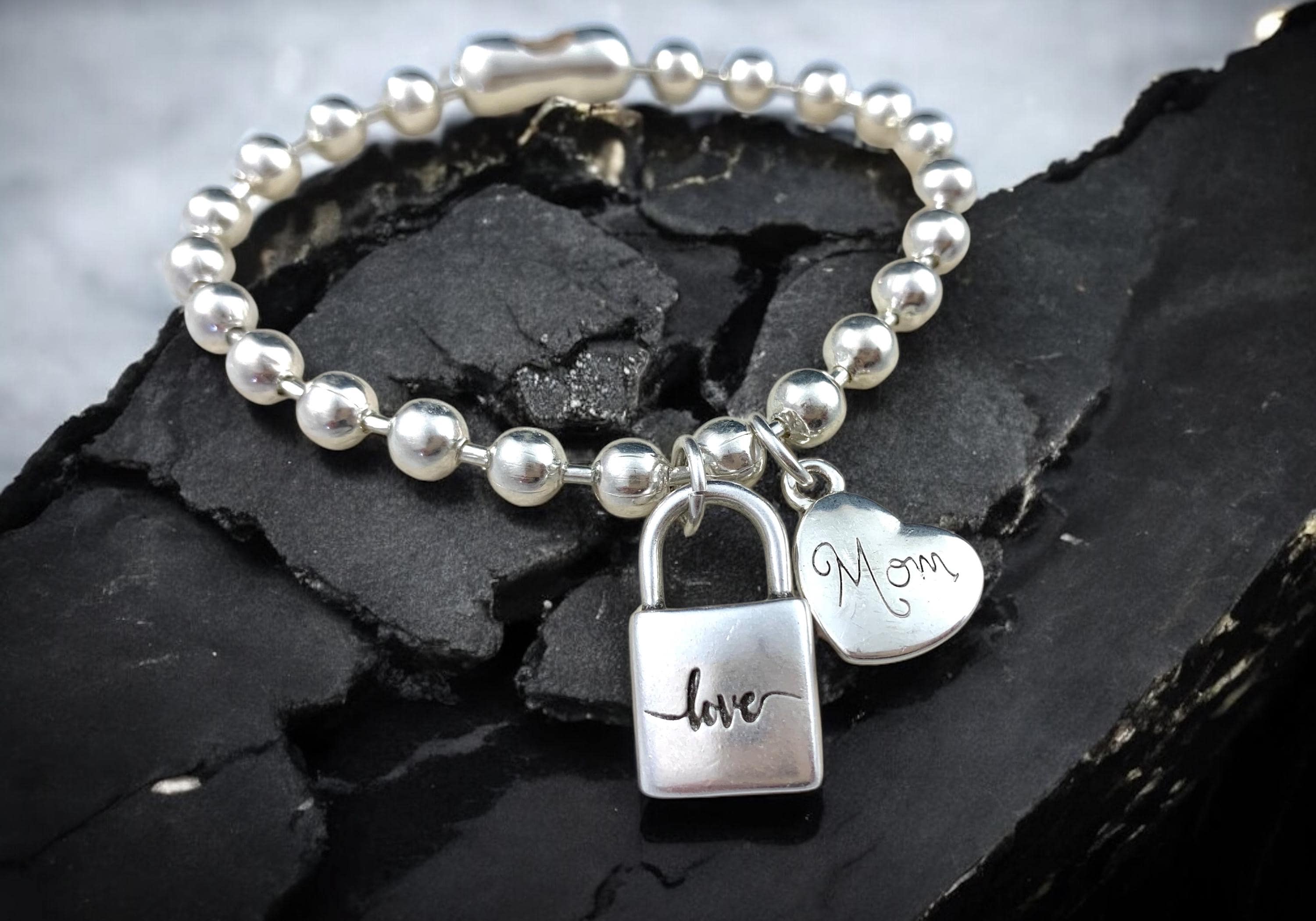 Silver balls chain heart and padlock charm bracelet, mom gift