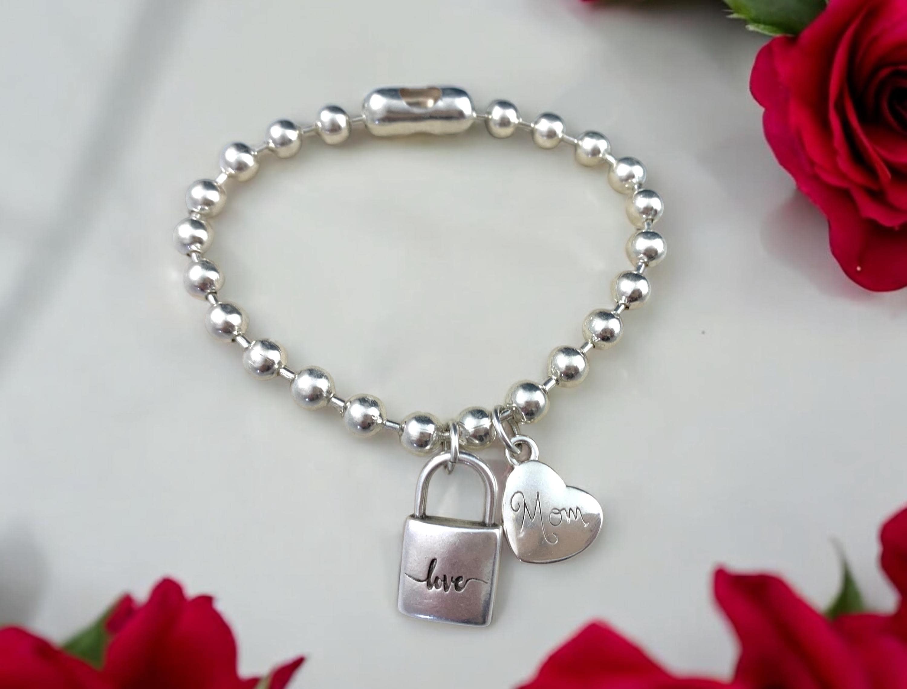 Silver balls chain heart and padlock charm bracelet, mom gift
