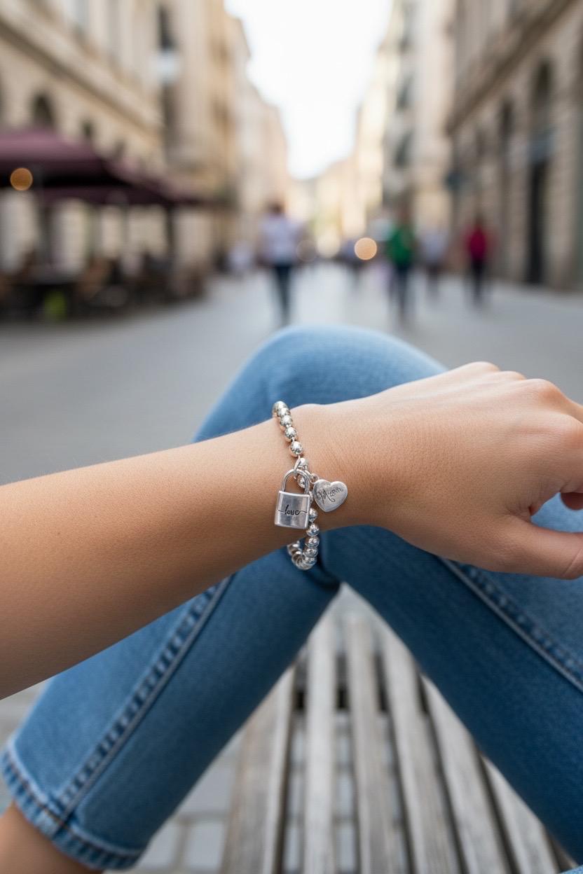 Silver balls chain heart and padlock charm bracelet, mom gift