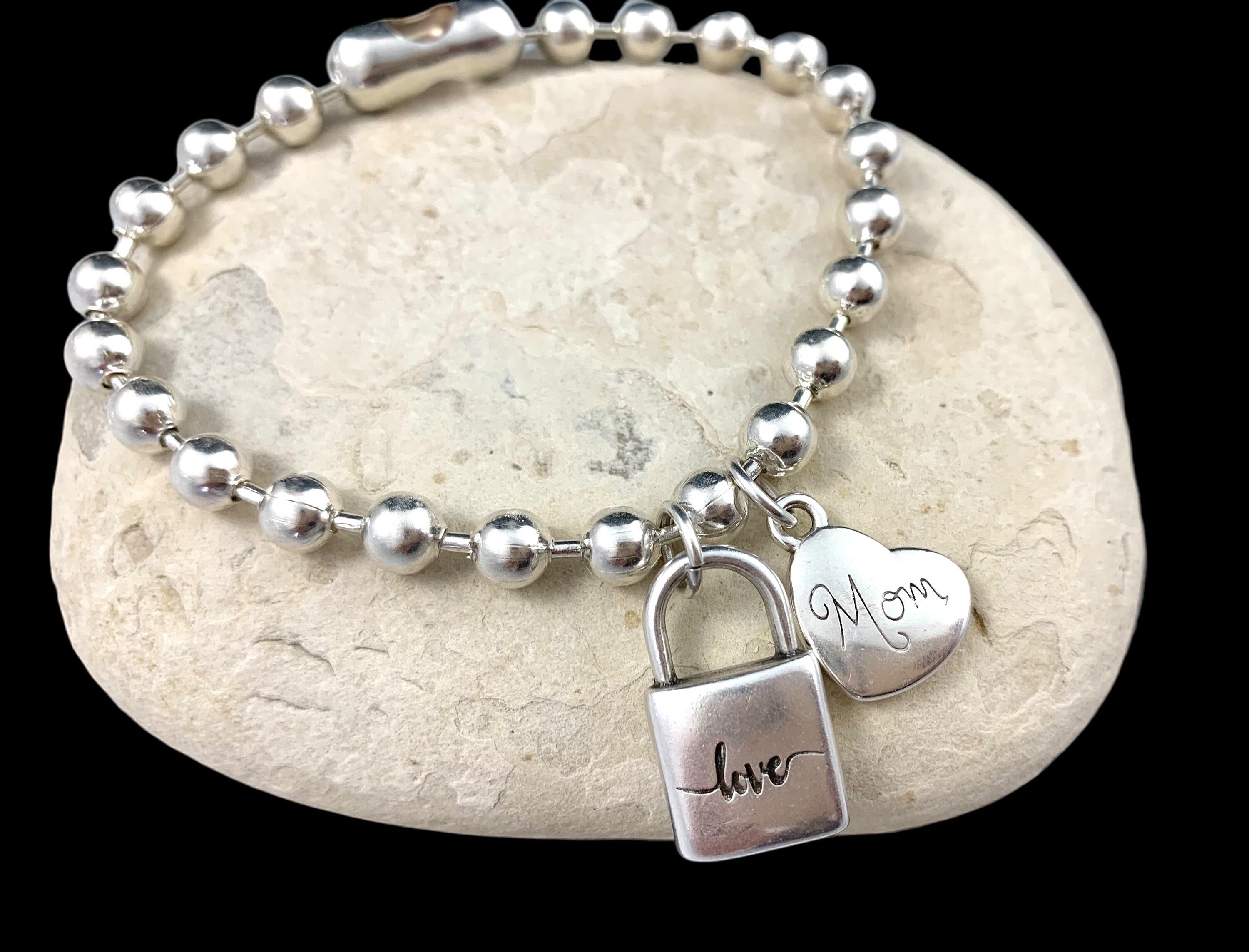 Silver balls chain heart and padlock charm bracelet, mom gift