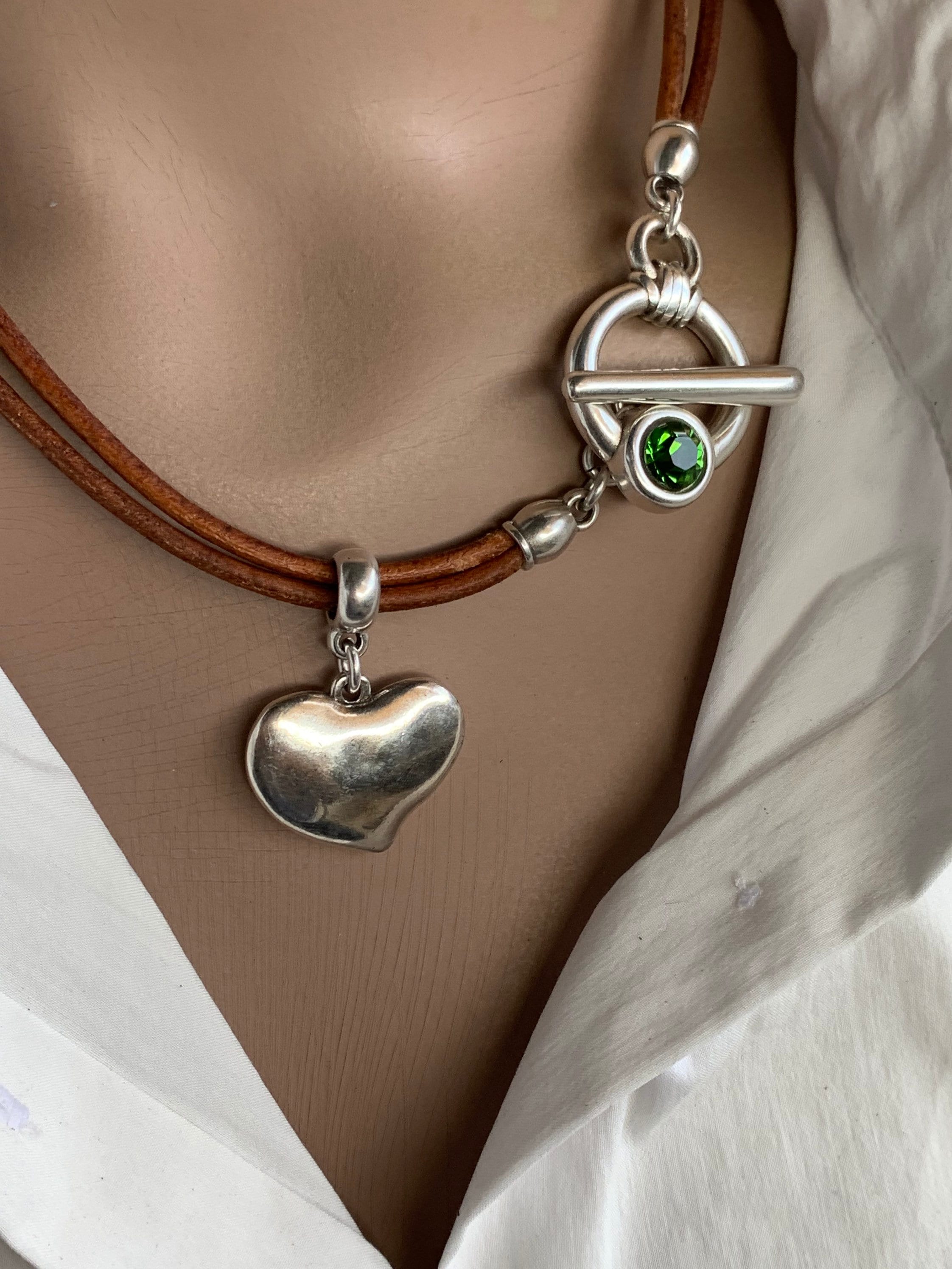 Boho Leather Heart Choker with silver Toggle Clasp & Swarovski Crystal, Custom-Fit handmade Jewelry -