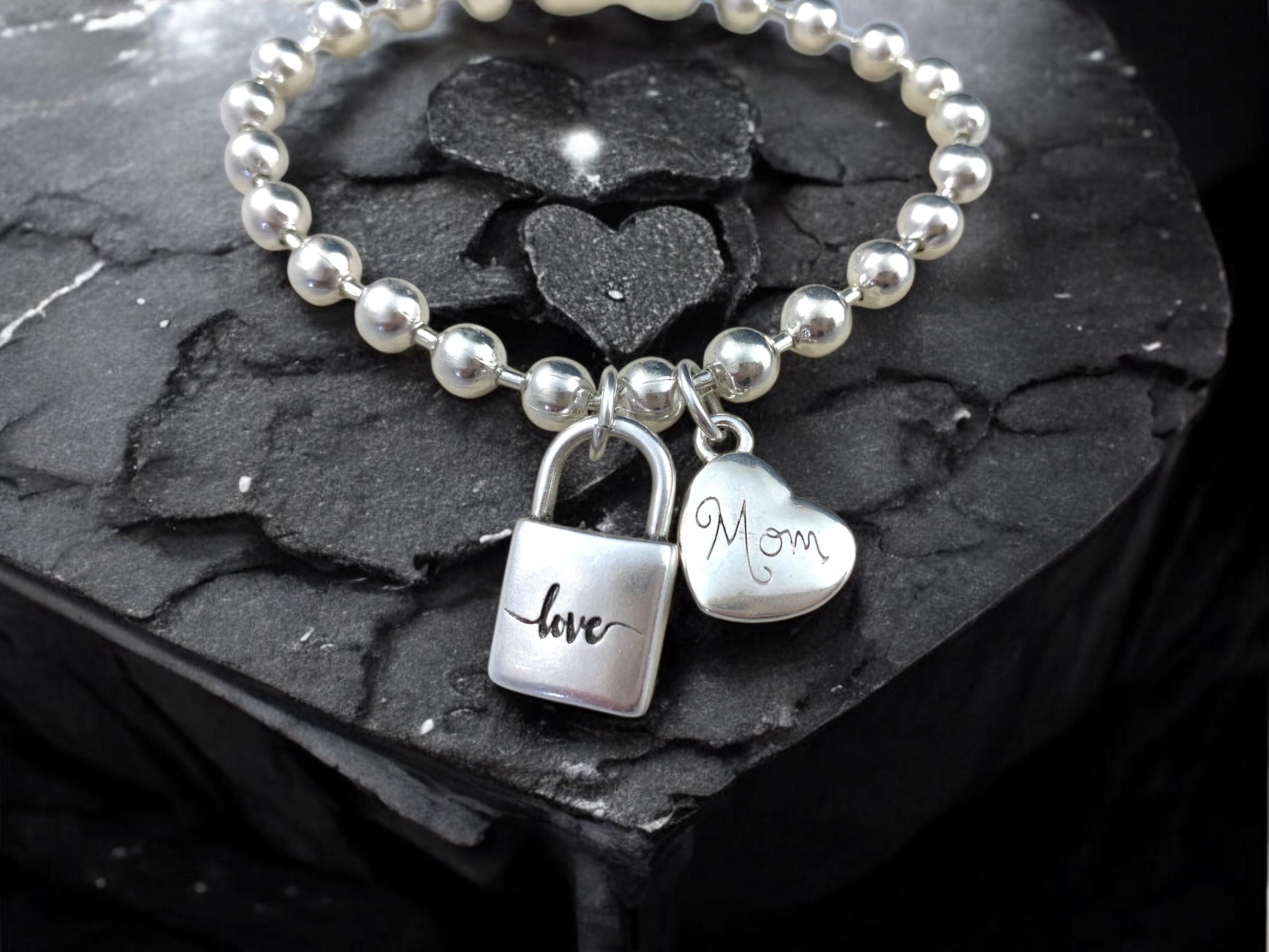 Silver balls chain heart and padlock charm bracelet, mom gift