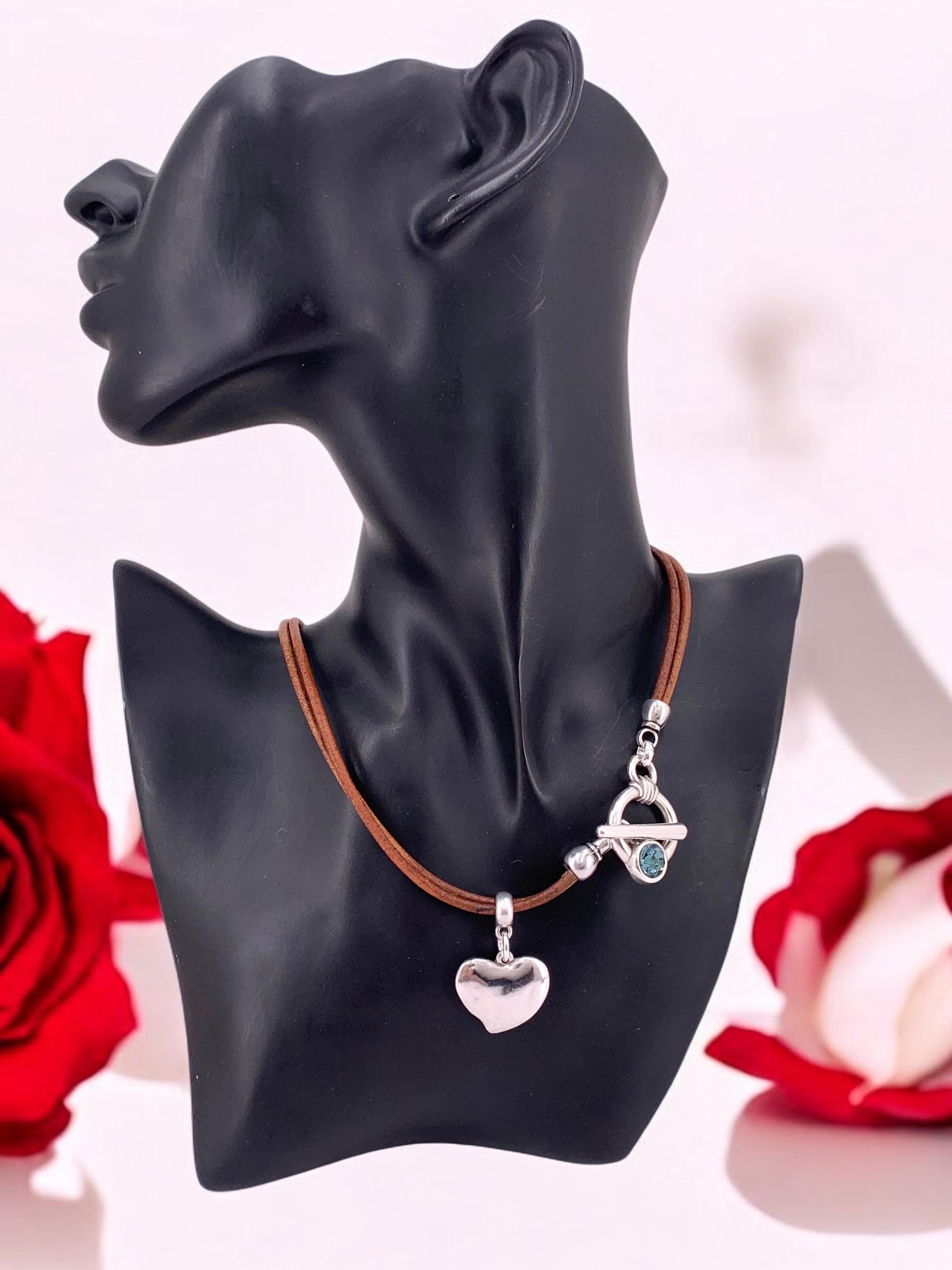 Boho Leather Heart Choker with silver Toggle Clasp & Swarovski Crystal, Custom-Fit handmade Jewelry -