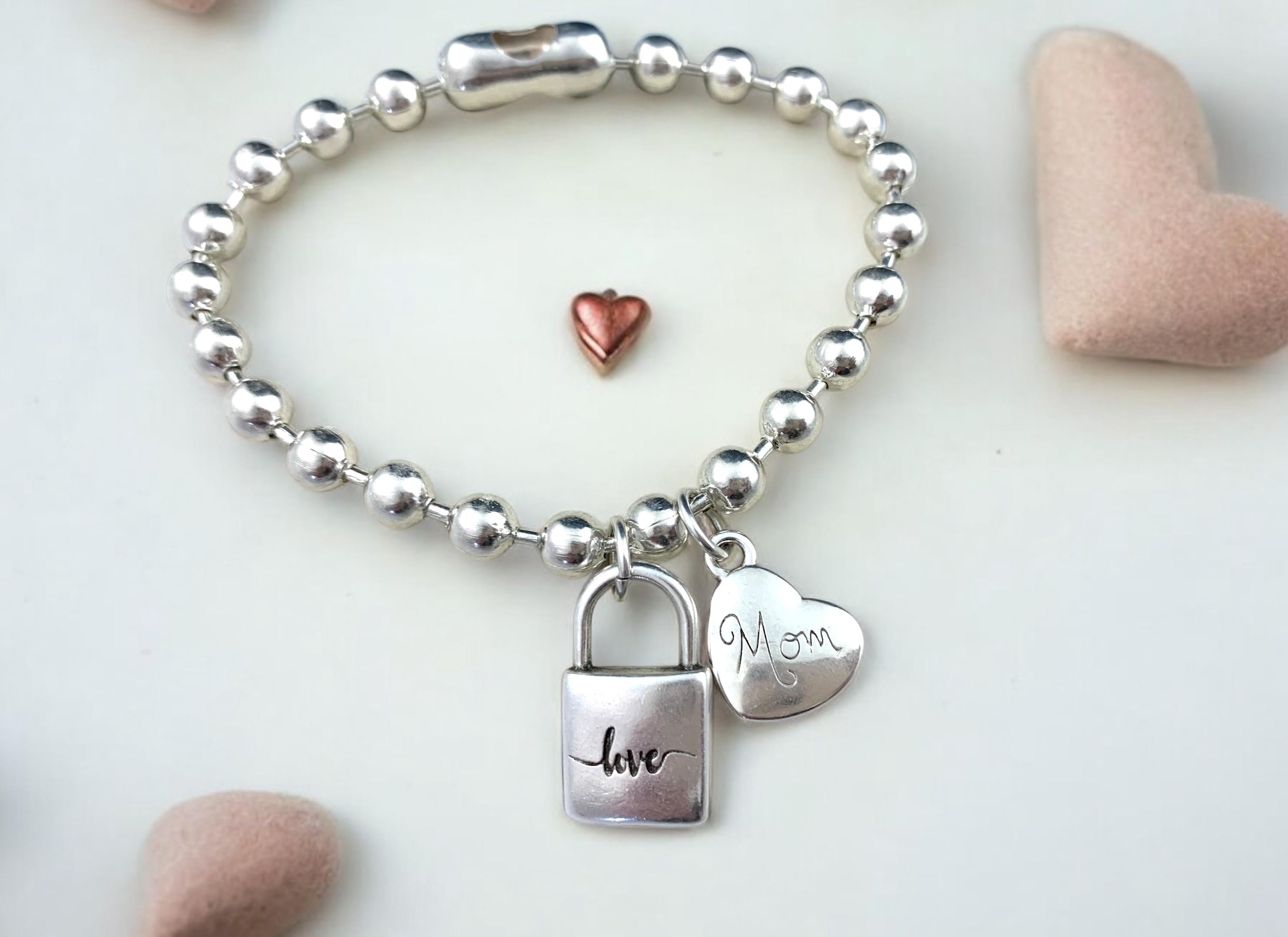 Silver balls chain heart and padlock charm bracelet, mom gift