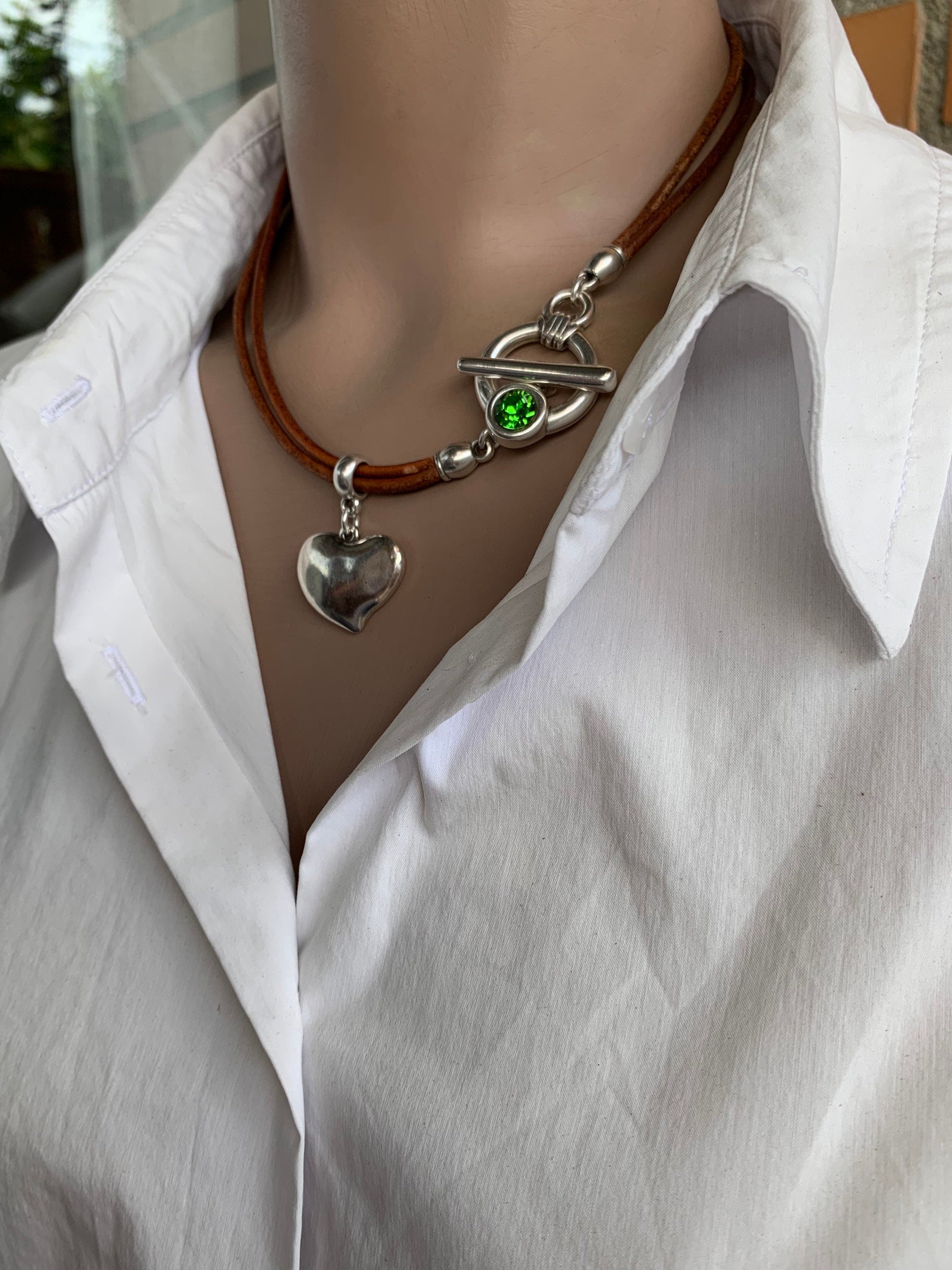 Boho Leather Heart Choker with silver Toggle Clasp & Swarovski Crystal, Custom-Fit handmade Jewelry -