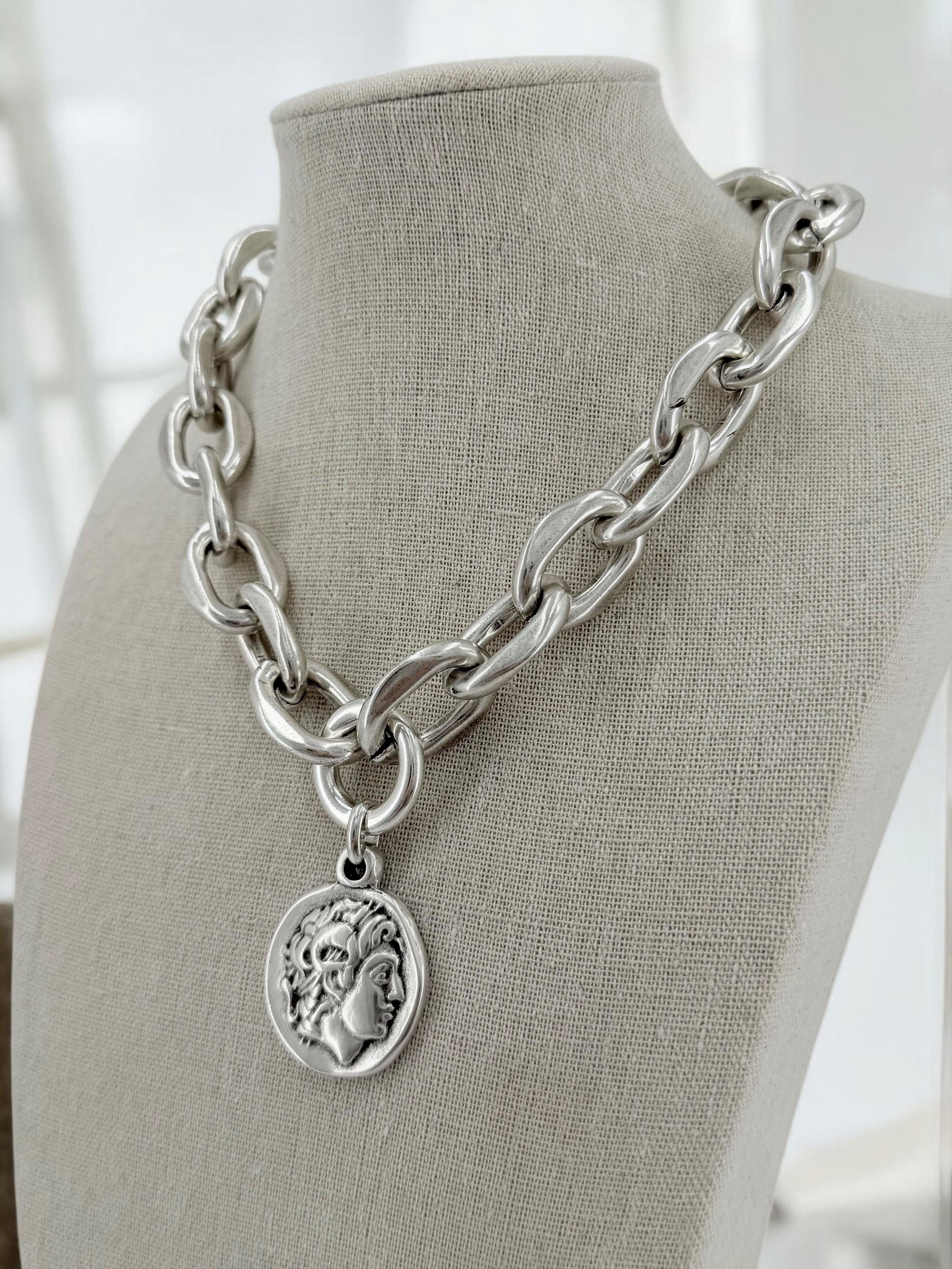Chunky Silver Chain Necklace with statement Coin Pendant - lightweight edgy design