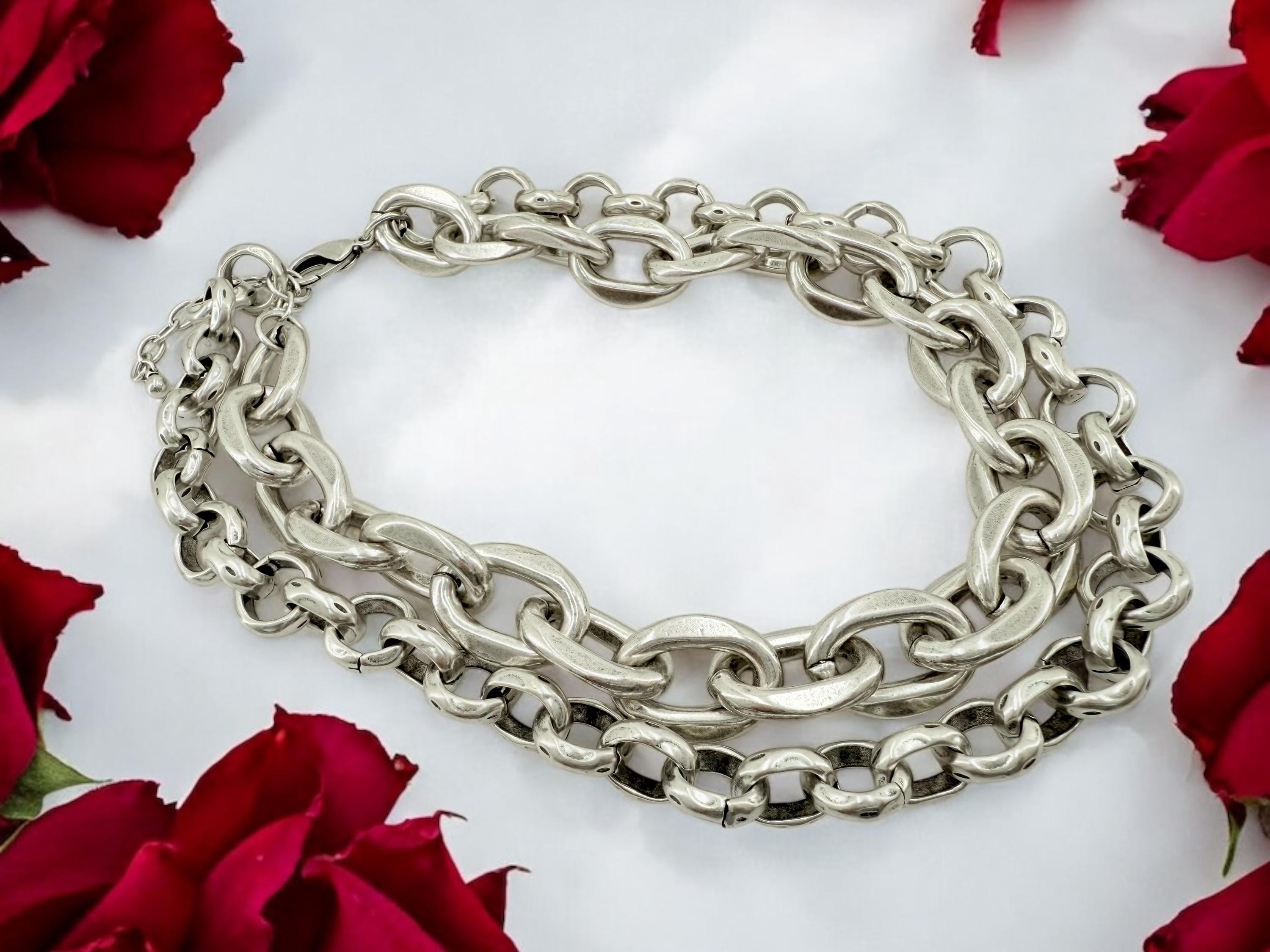 Chunky Layered silver Chain Necklace – Double Strand Statement Heavyweight choker