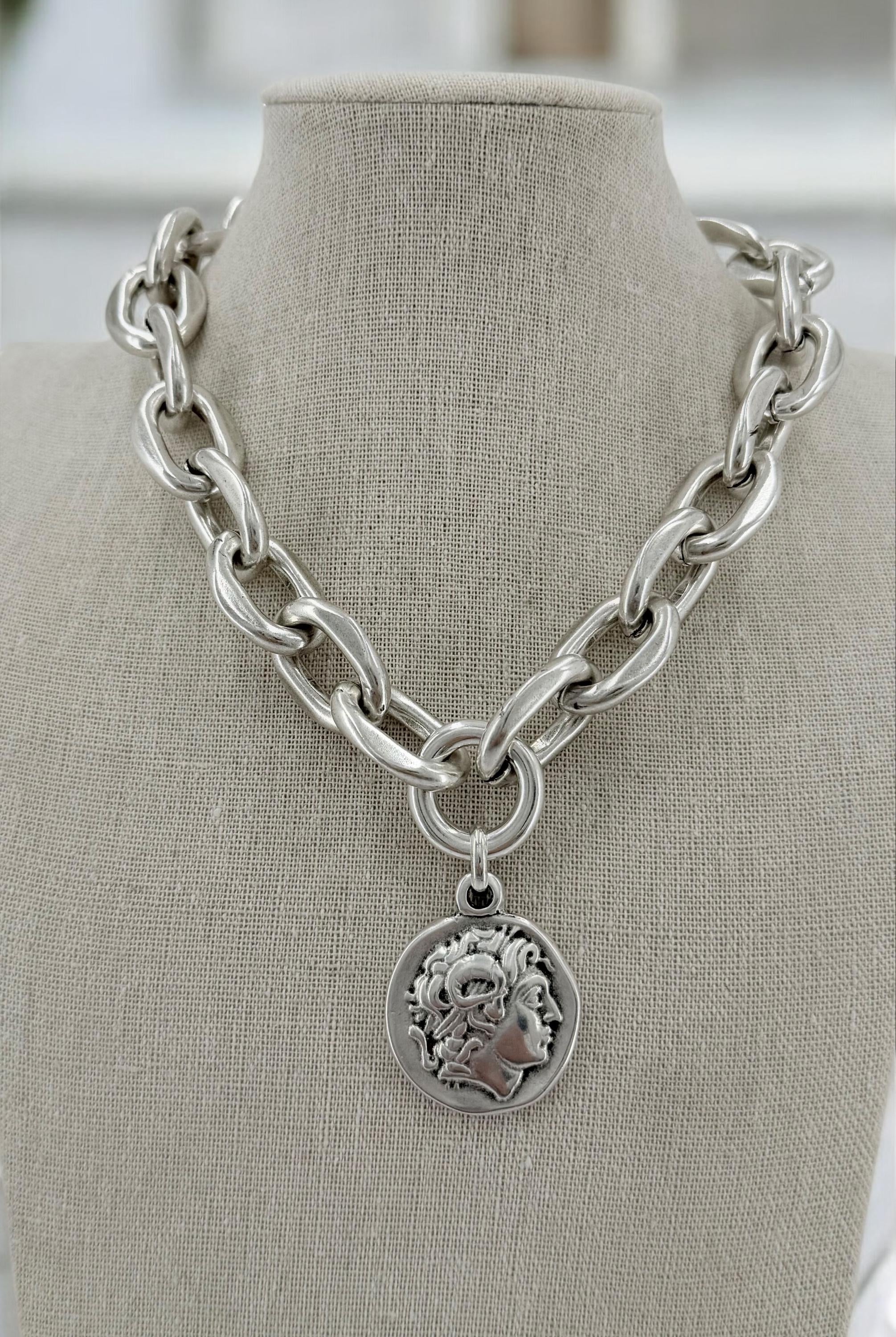 Chunky Silver Chain Necklace with statement Coin Pendant - lightweight edgy design