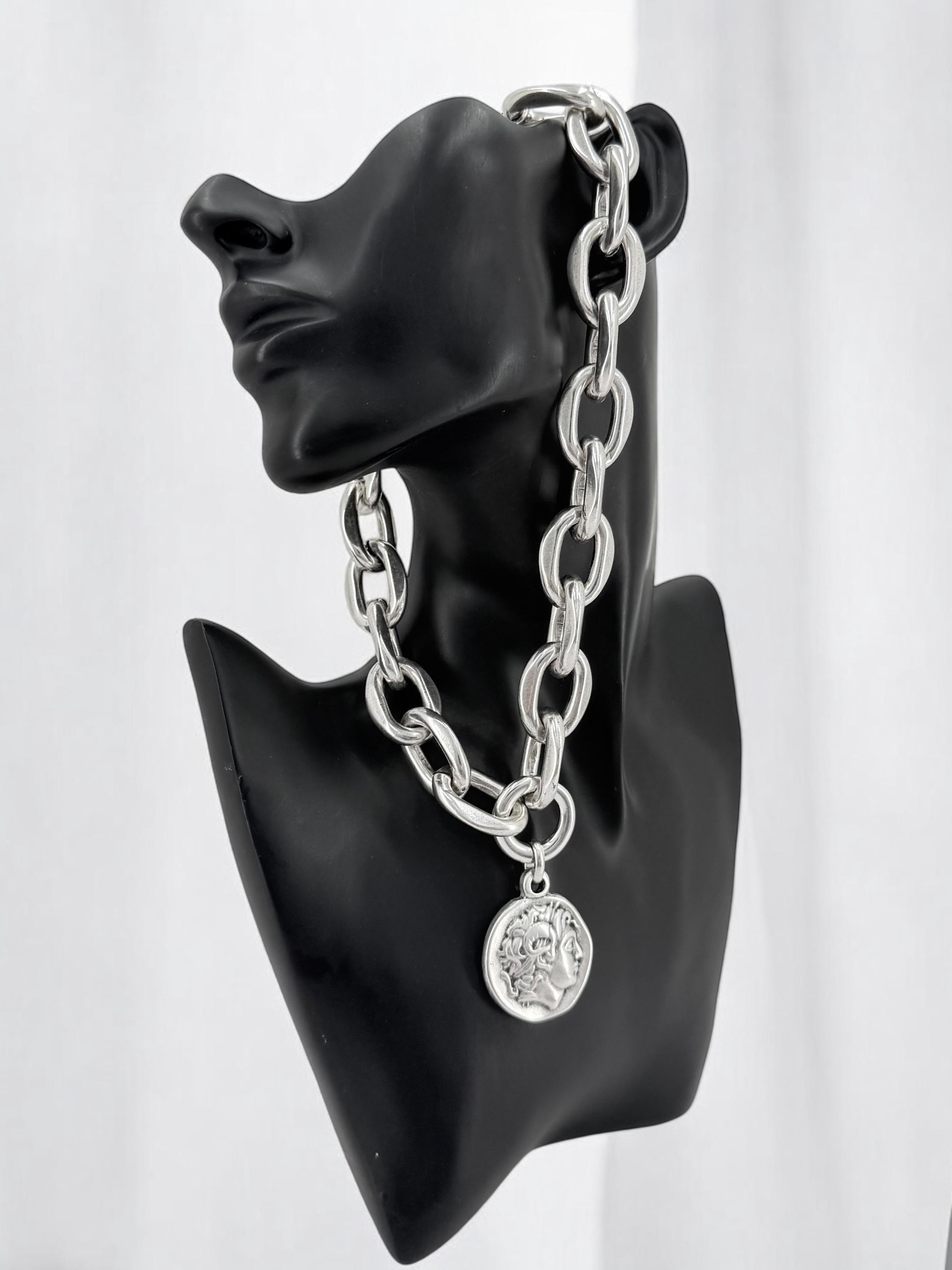 Chunky Silver Chain Necklace with statement Coin Pendant - lightweight edgy design