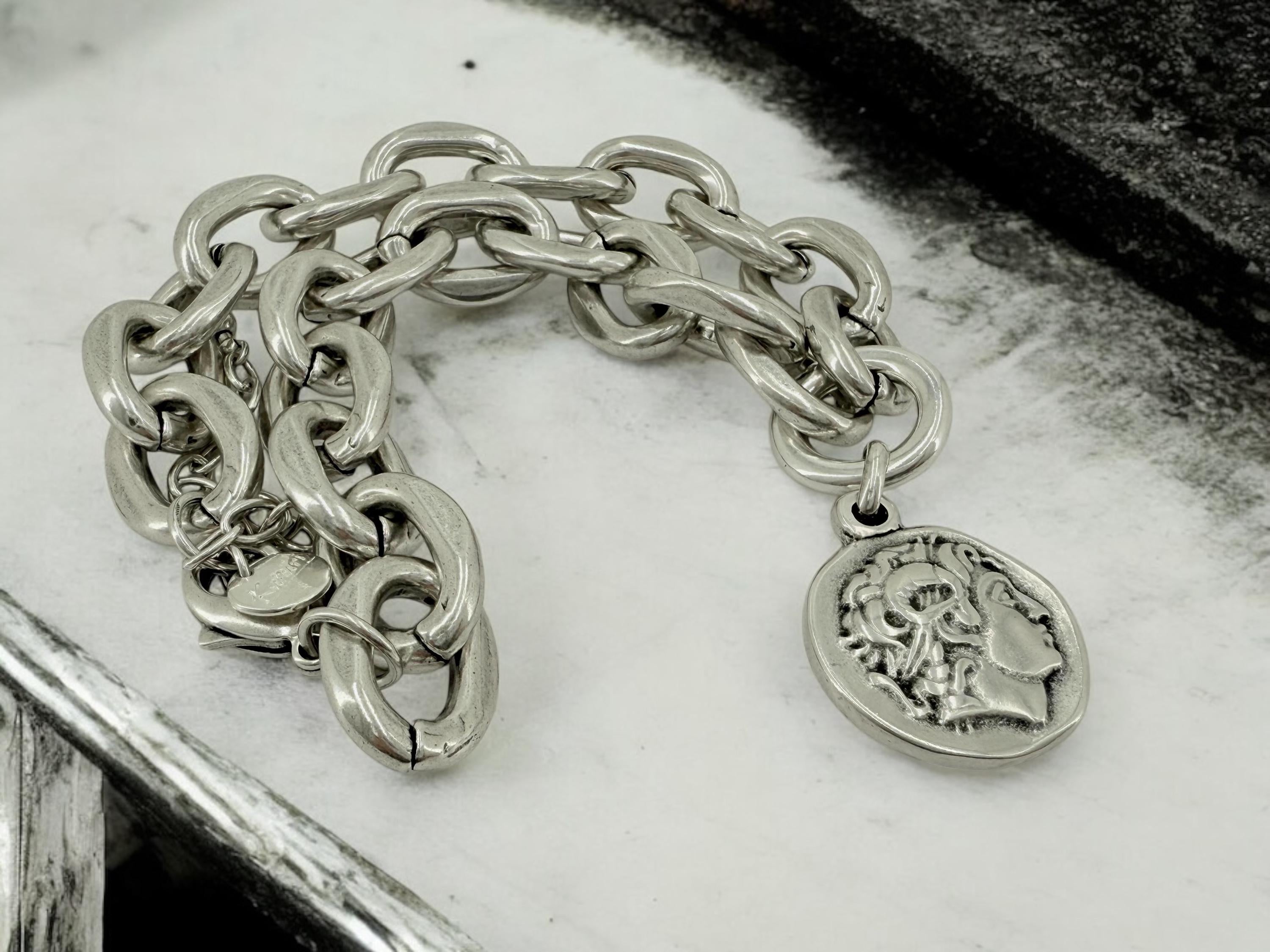 Chunky Silver Chain Necklace with statement Coin Pendant - lightweight edgy design