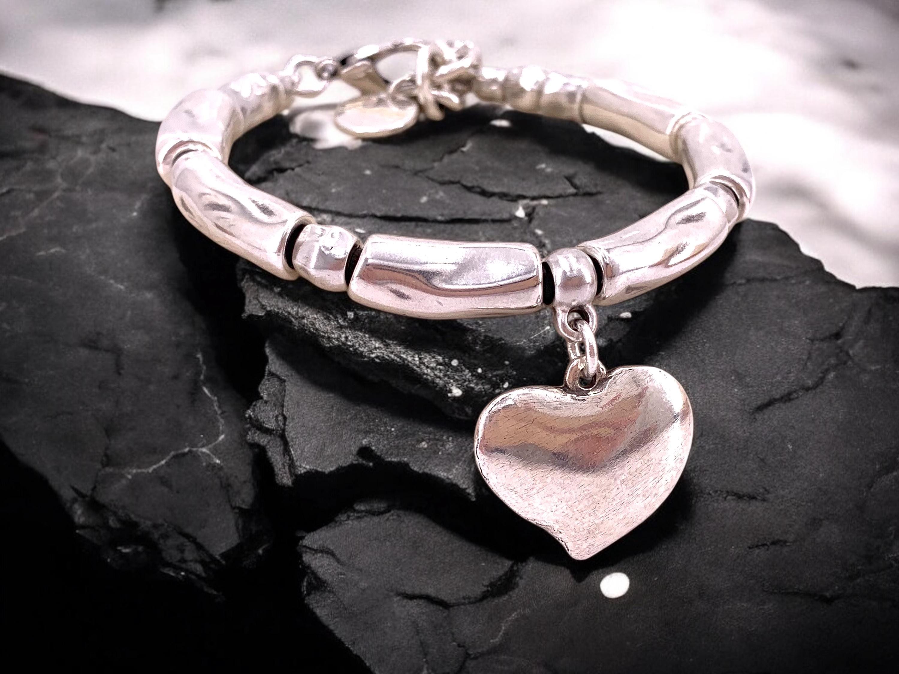 Chunky Silver heart pendant bracelet, bold charm cuff- handmade custom jewelry
