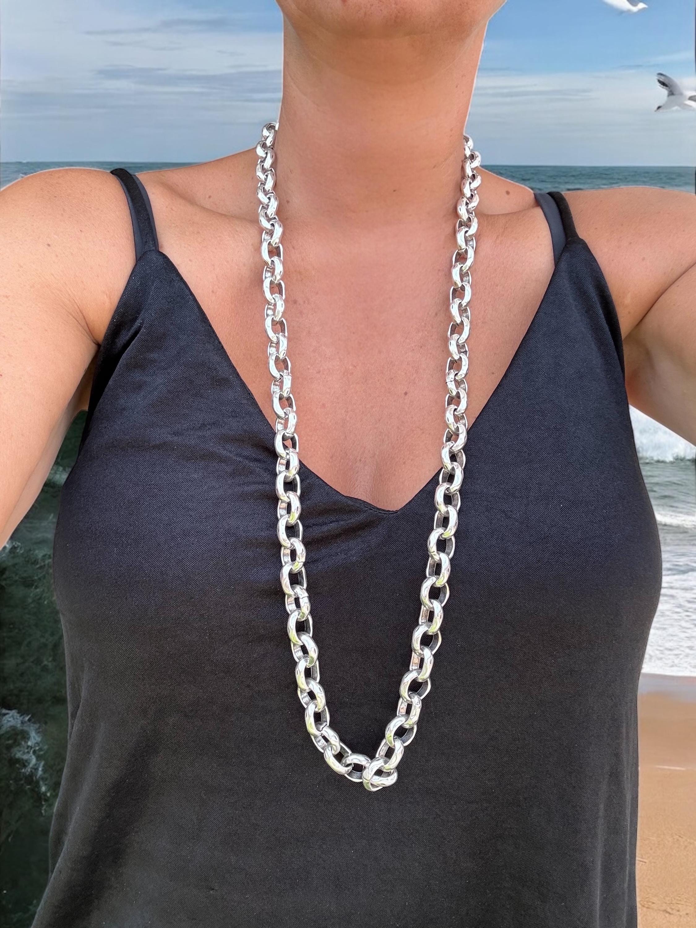 Long Silver Chuny Chain Necklace, bold Solid Link Toggle Clasp, handmade Jewelry