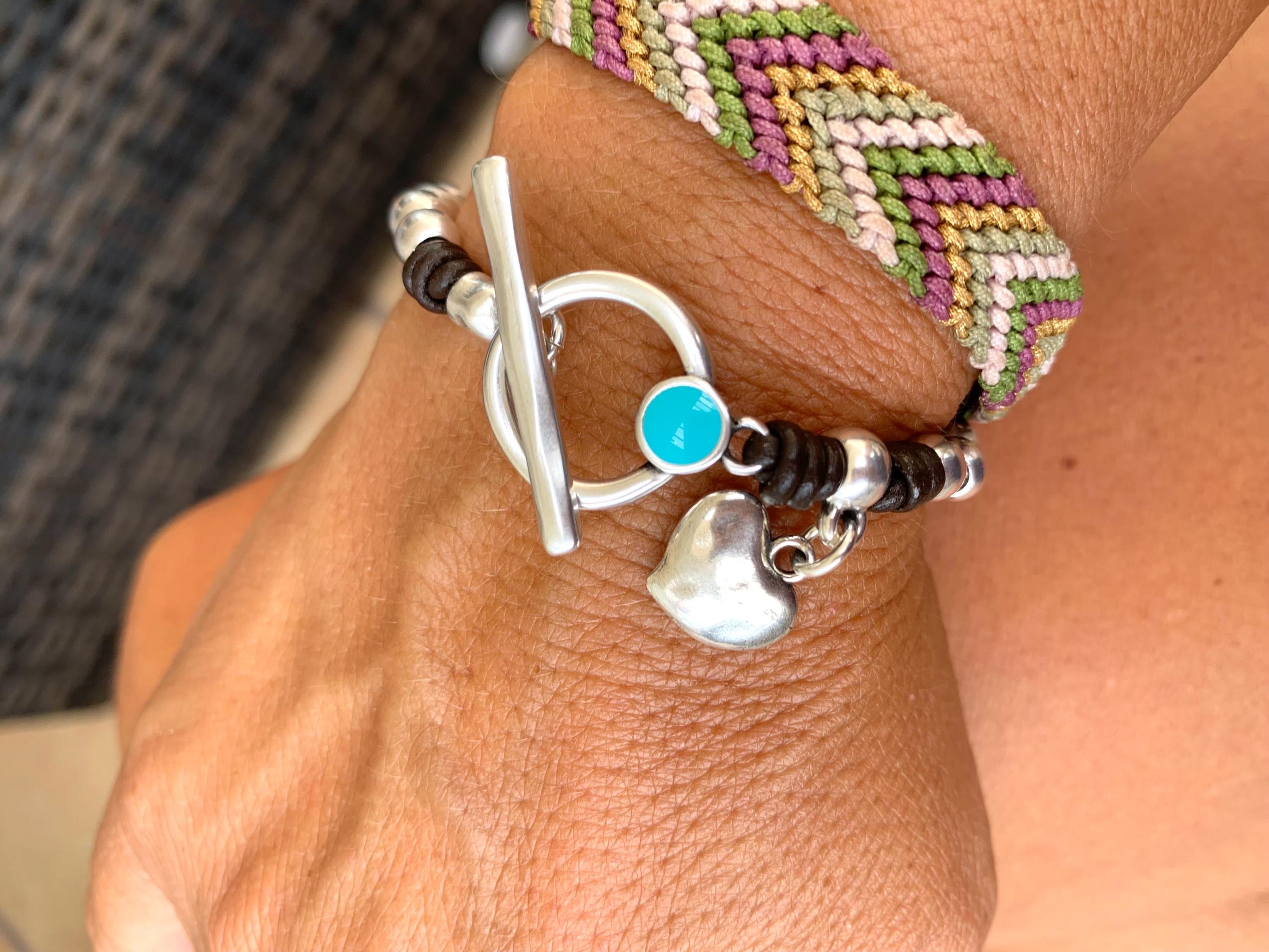 Bohemian Leather Bracelet with Heart Charm, Silver Beads & Turquoise Toggle Clasp, Custom Fit