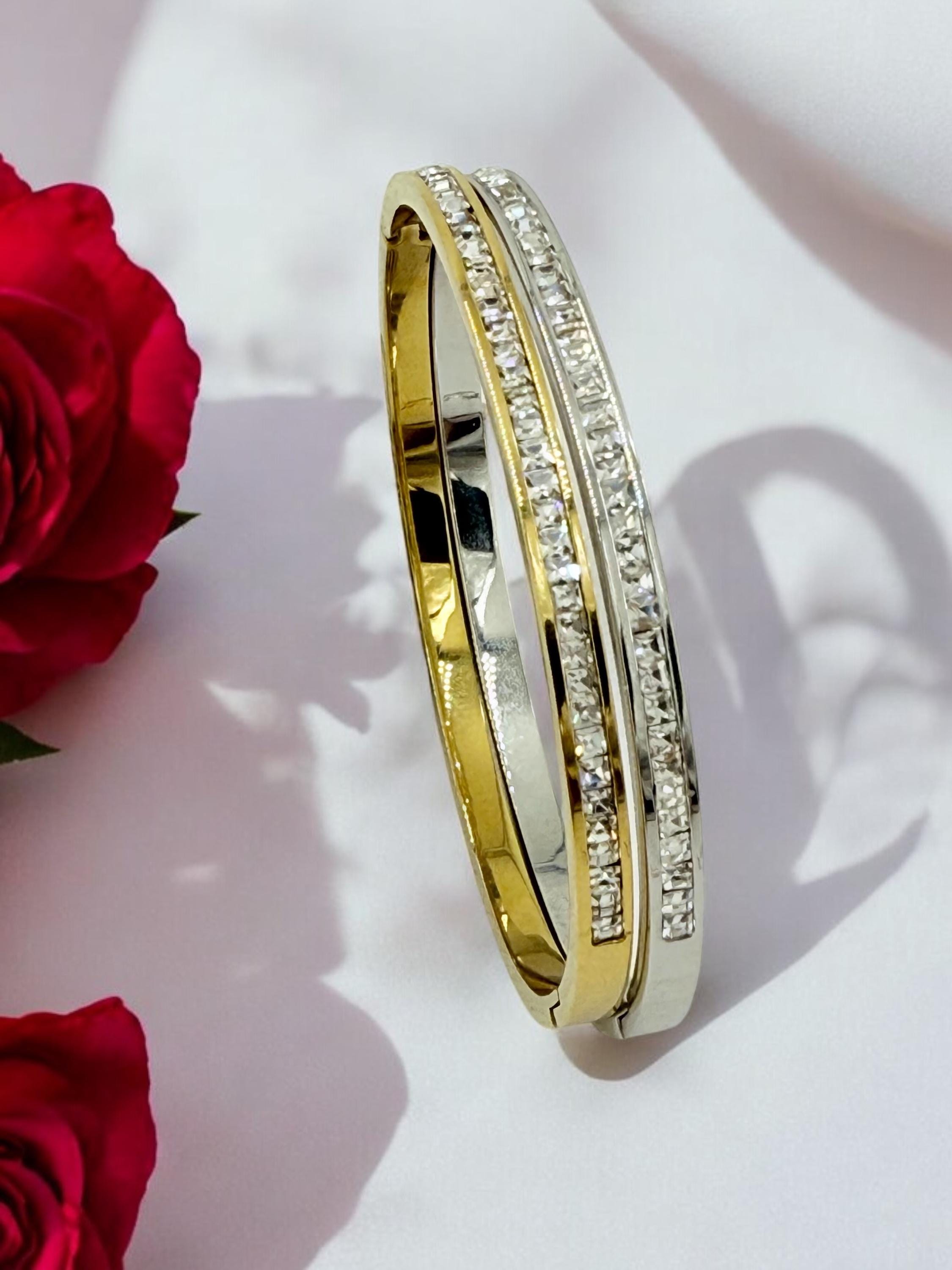 Vintage Inspired Bangle gold or silver finished with Zirconia, Rigid Cuff Bracelet