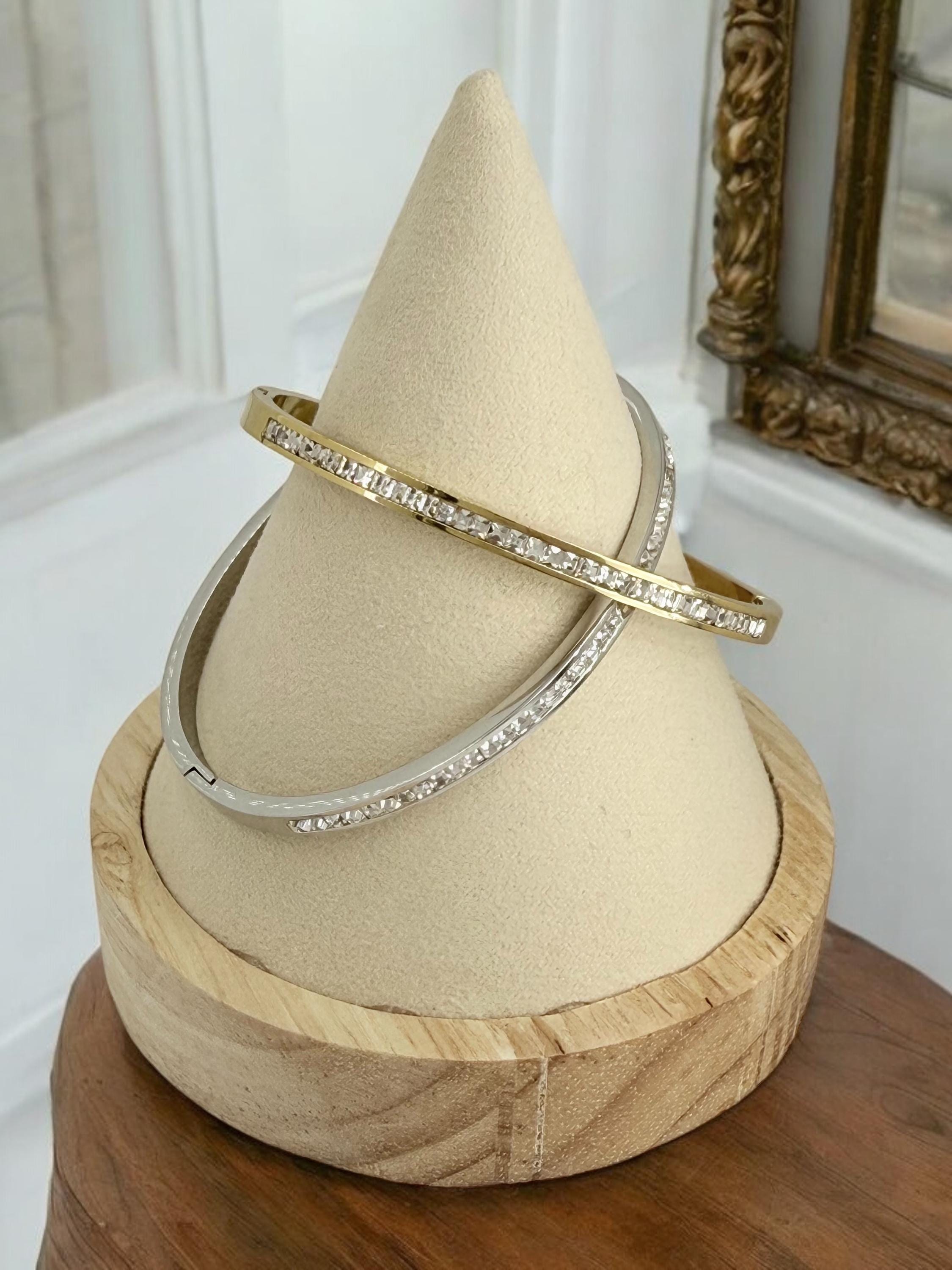 Vintage Inspired Bangle gold or silver finished with Zirconia, Rigid Cuff Bracelet