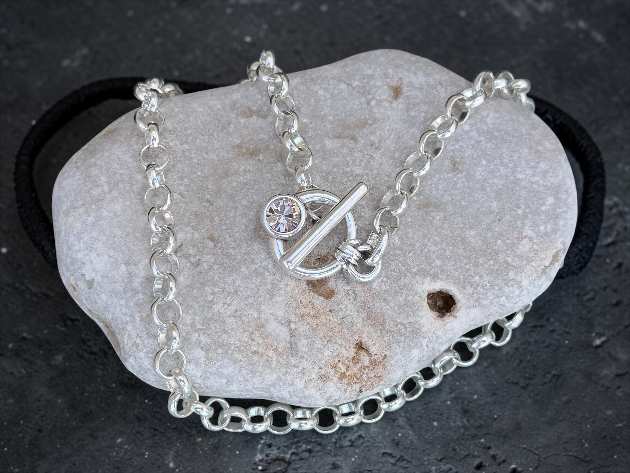 Chunky chain toggle clasp necklace with Swarovski accent- silver bold choker - edgy jewelry- Kukuri jewelry