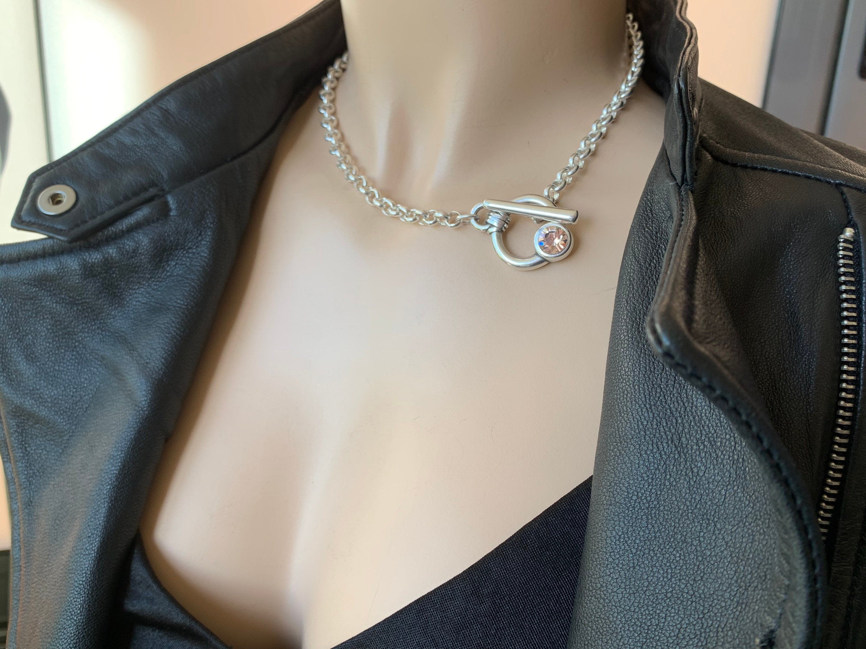 Chunky chain toggle clasp necklace with Swarovski accent- silver bold choker - edgy jewelry- Kukuri jewelry
