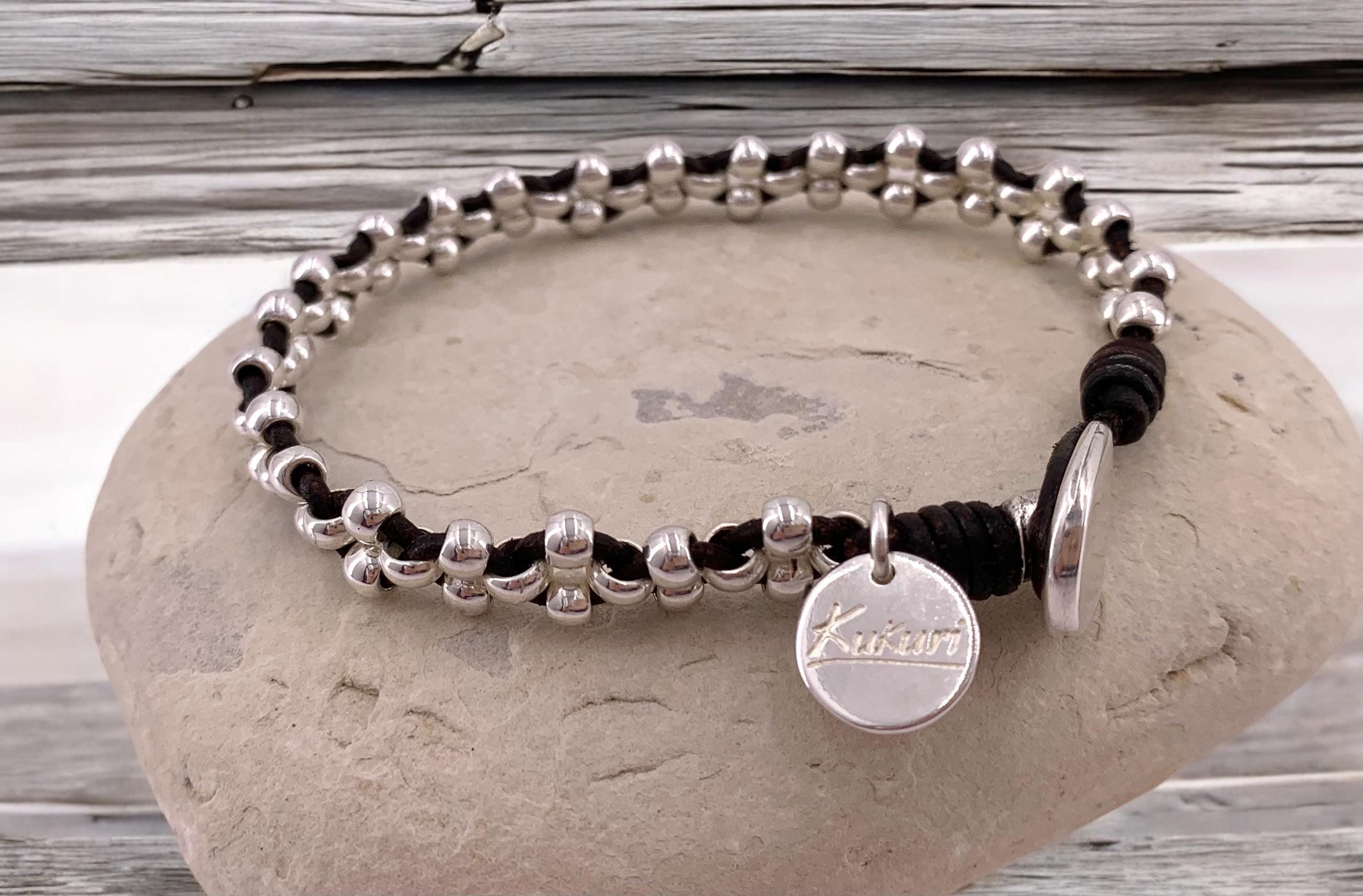 Artisan Bohemian silver leather braided beaded bracelet, tribal hippie handmade jewelry.