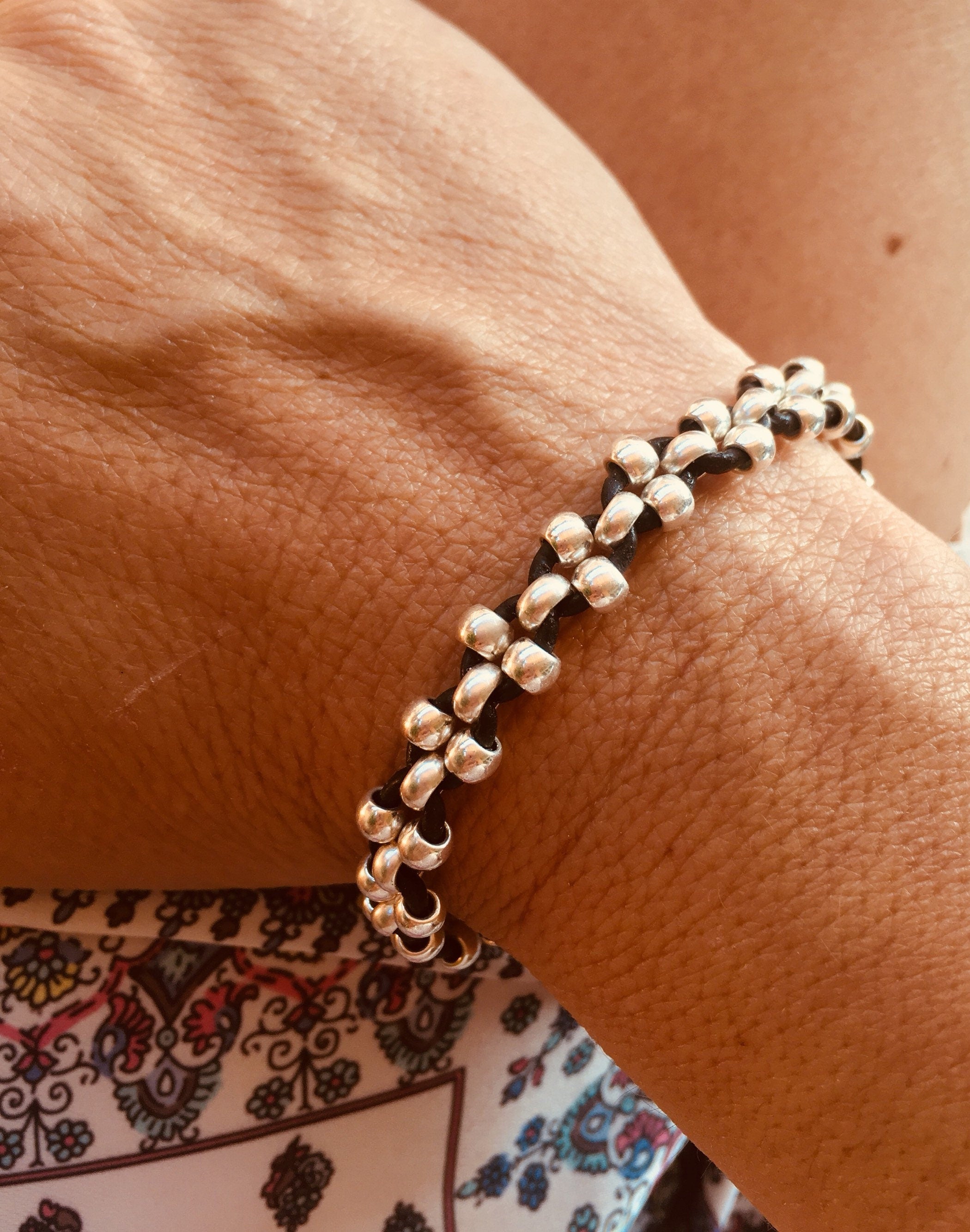 Artisan Bohemian silver leather braided beaded bracelet, tribal hippie handmade jewelry.
