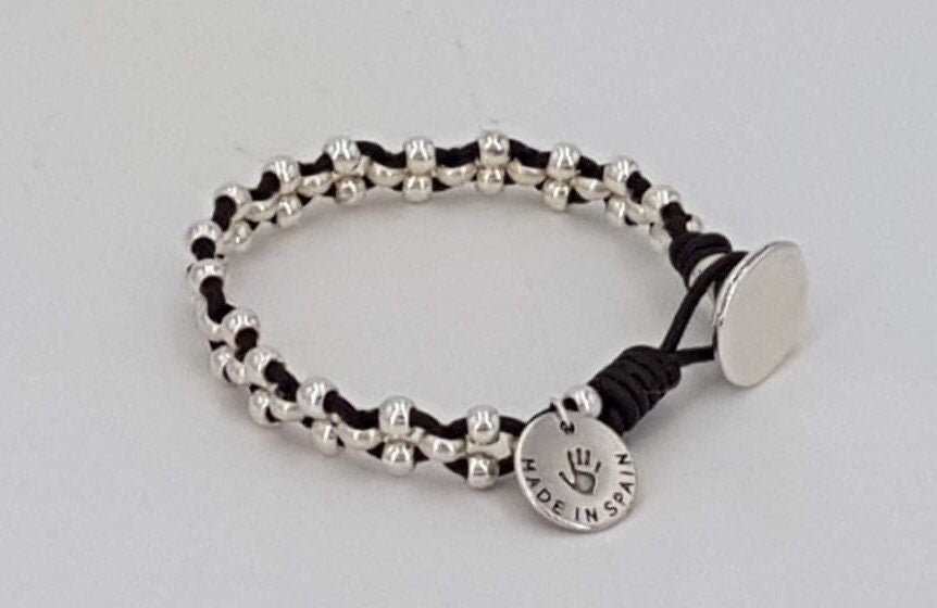 Artisan Bohemian silver leather braided beaded bracelet, tribal hippie handmade jewelry.