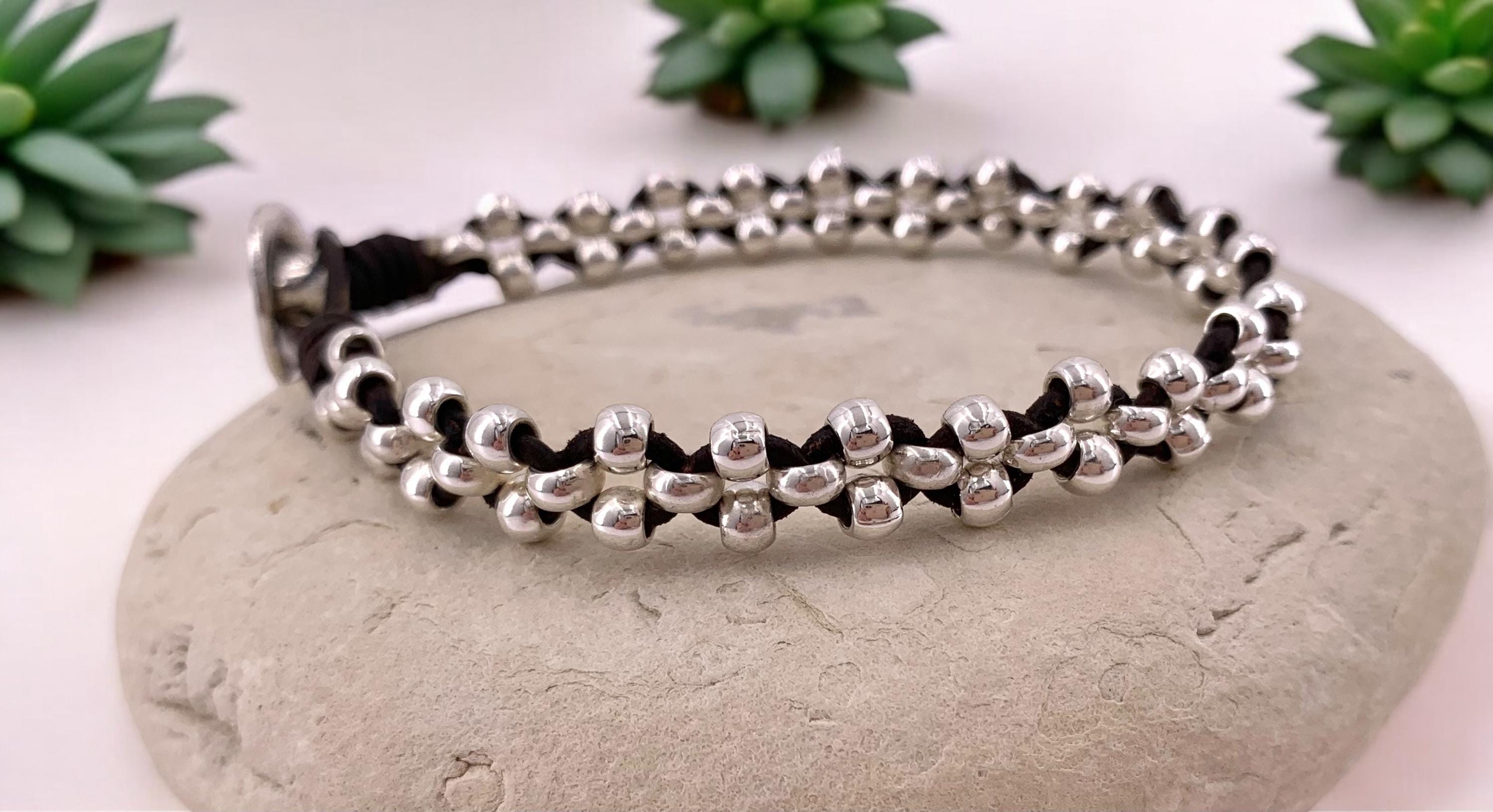 Artisan Bohemian silver leather braided beaded bracelet, tribal hippie handmade jewelry.