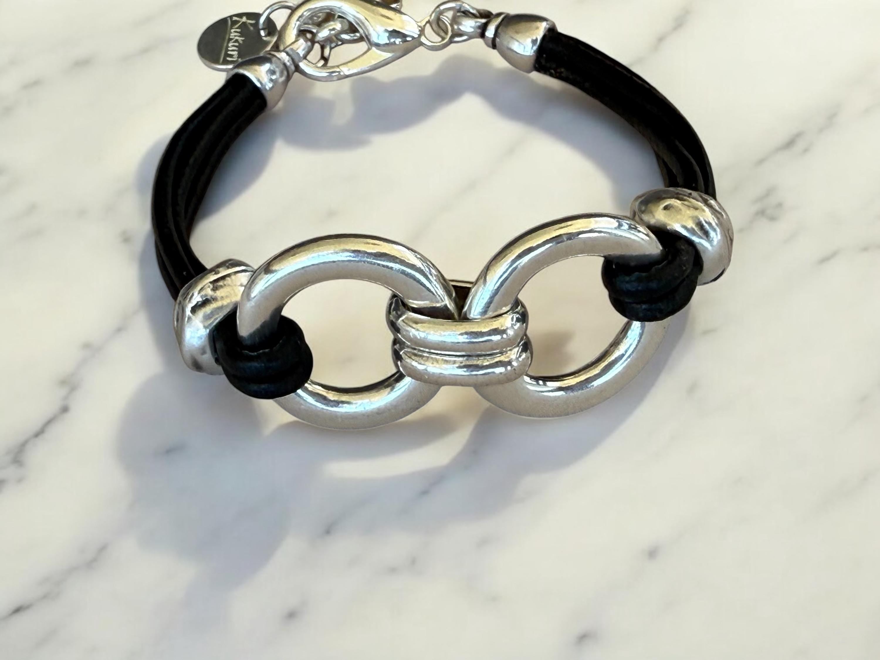 Chunky silver and leather cuff bracelet, urban style , adjustable handmade jewelry