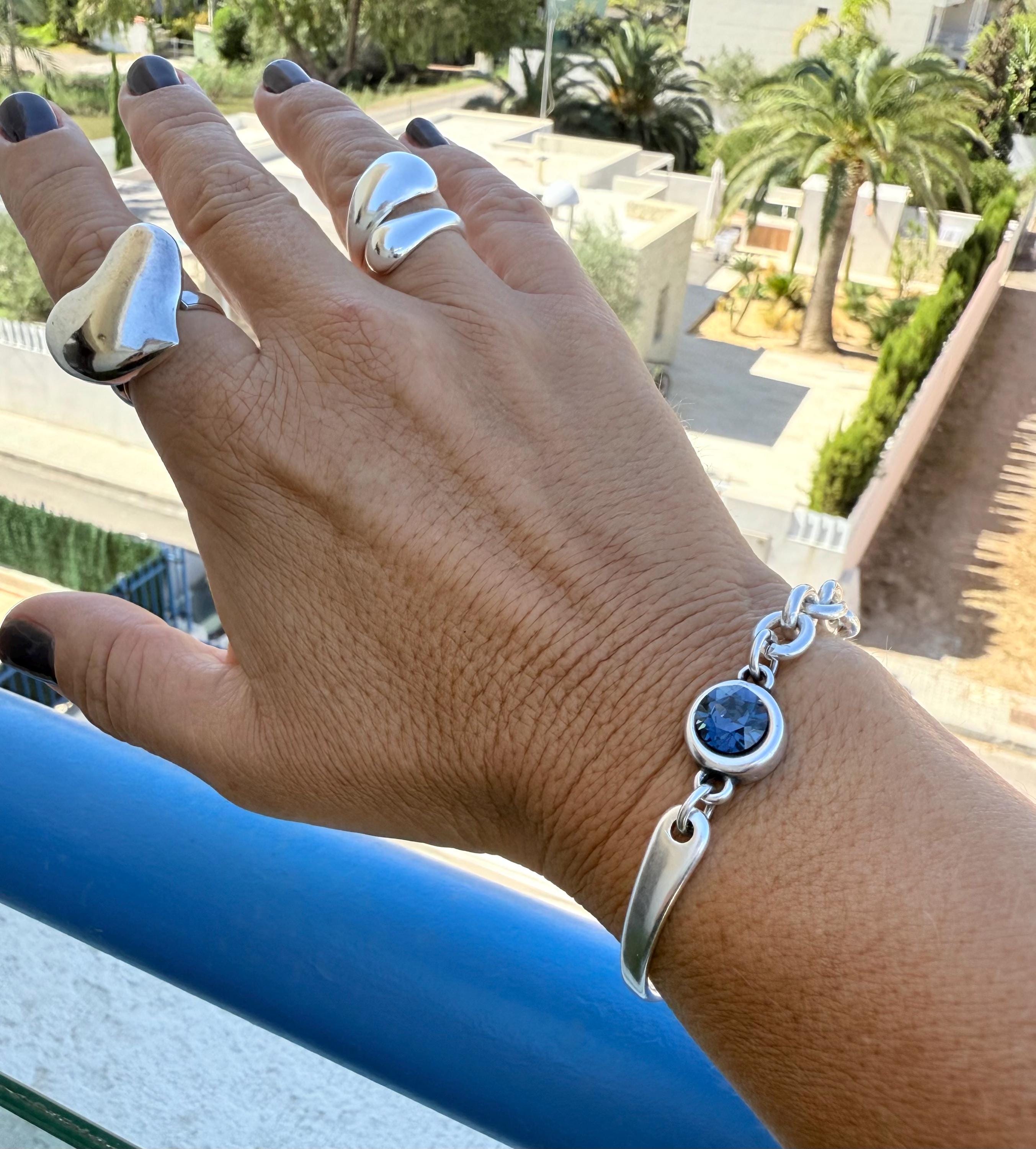 Chunky silver half cuff bracelet with chain and Swarovski conector, adjustable jewelry