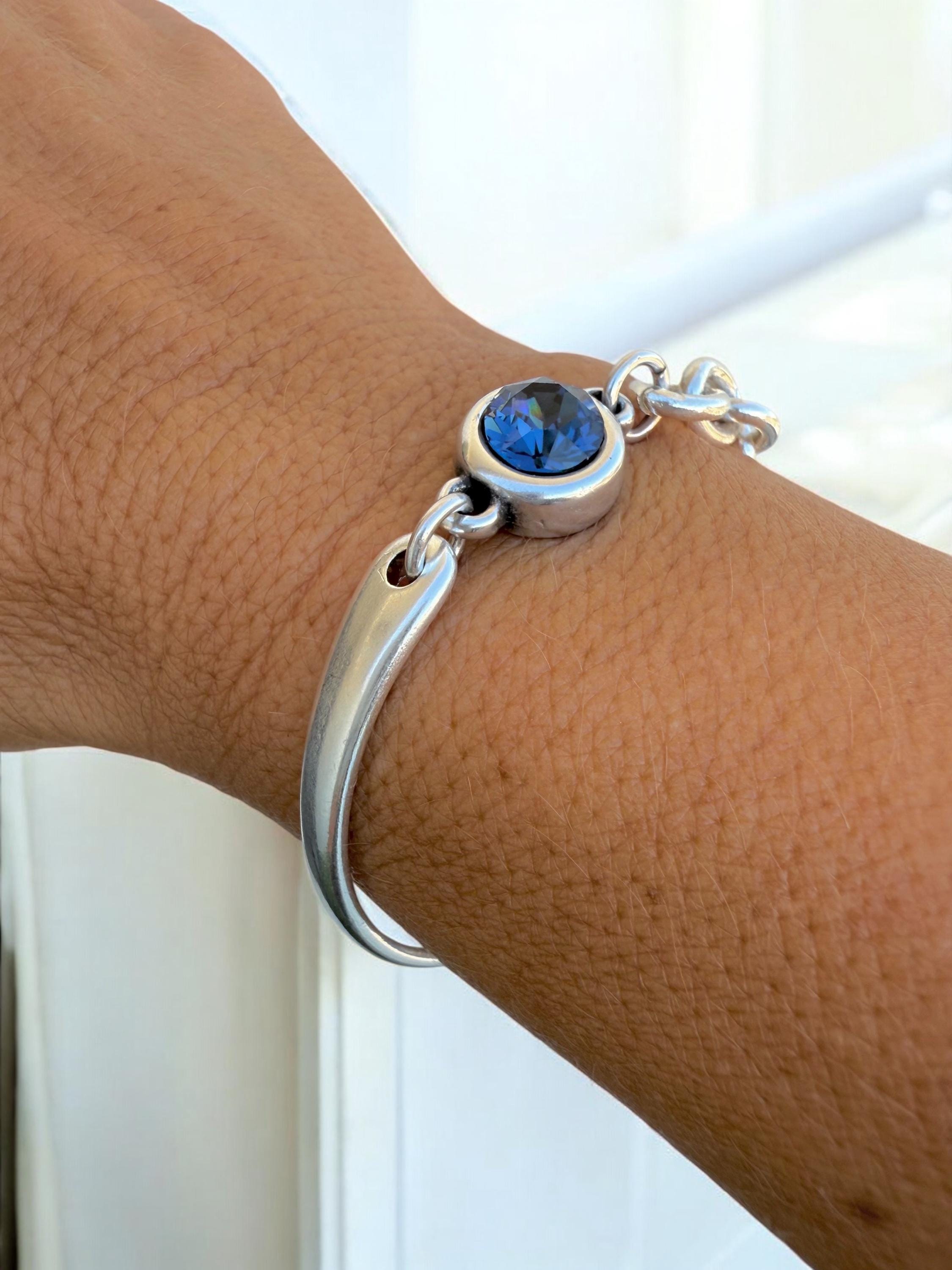 Chunky silver half cuff bracelet with chain and Swarovski conector, adjustable jewelry