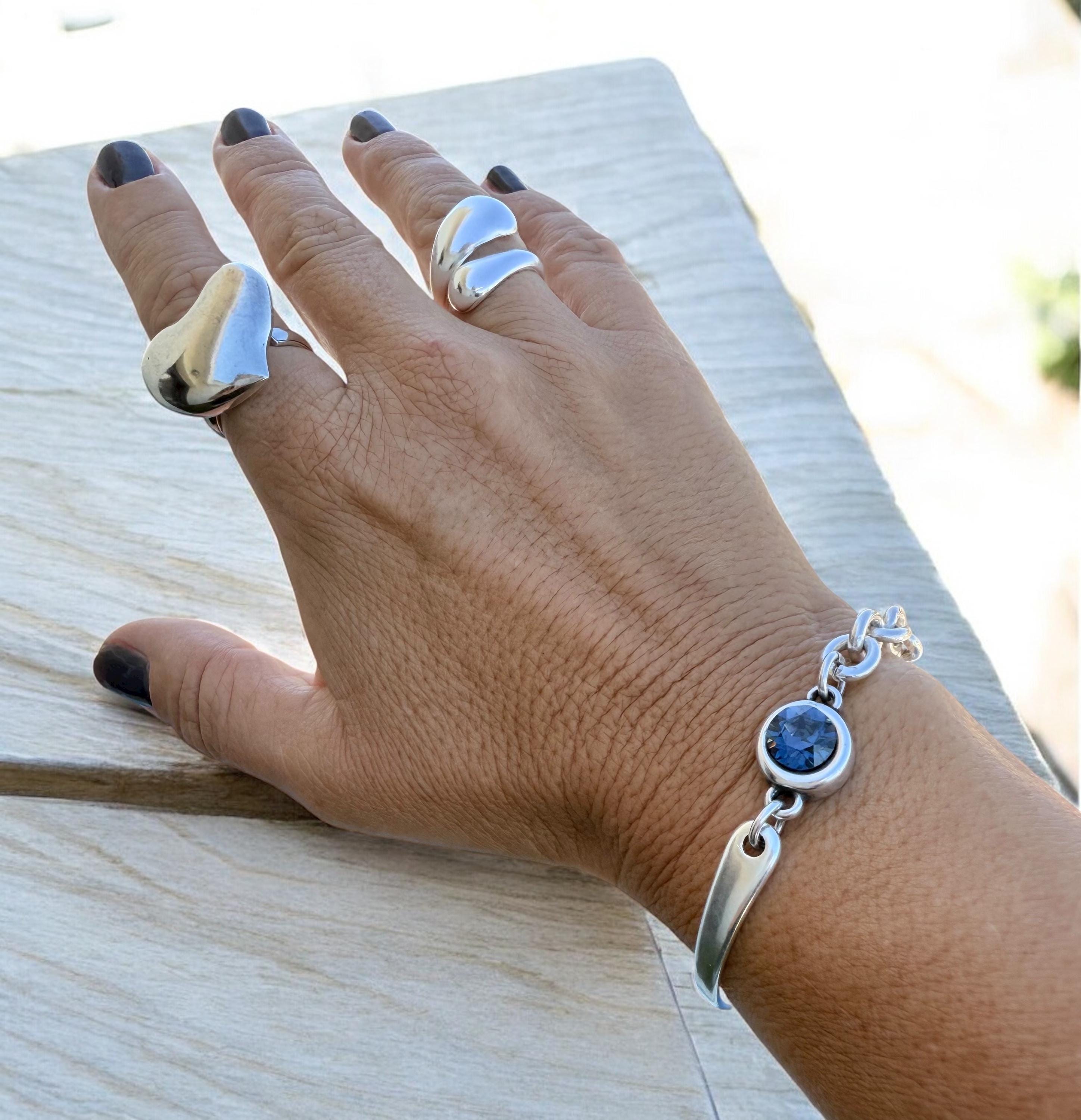 Chunky silver half cuff bracelet with chain and Swarovski conector, adjustable jewelry