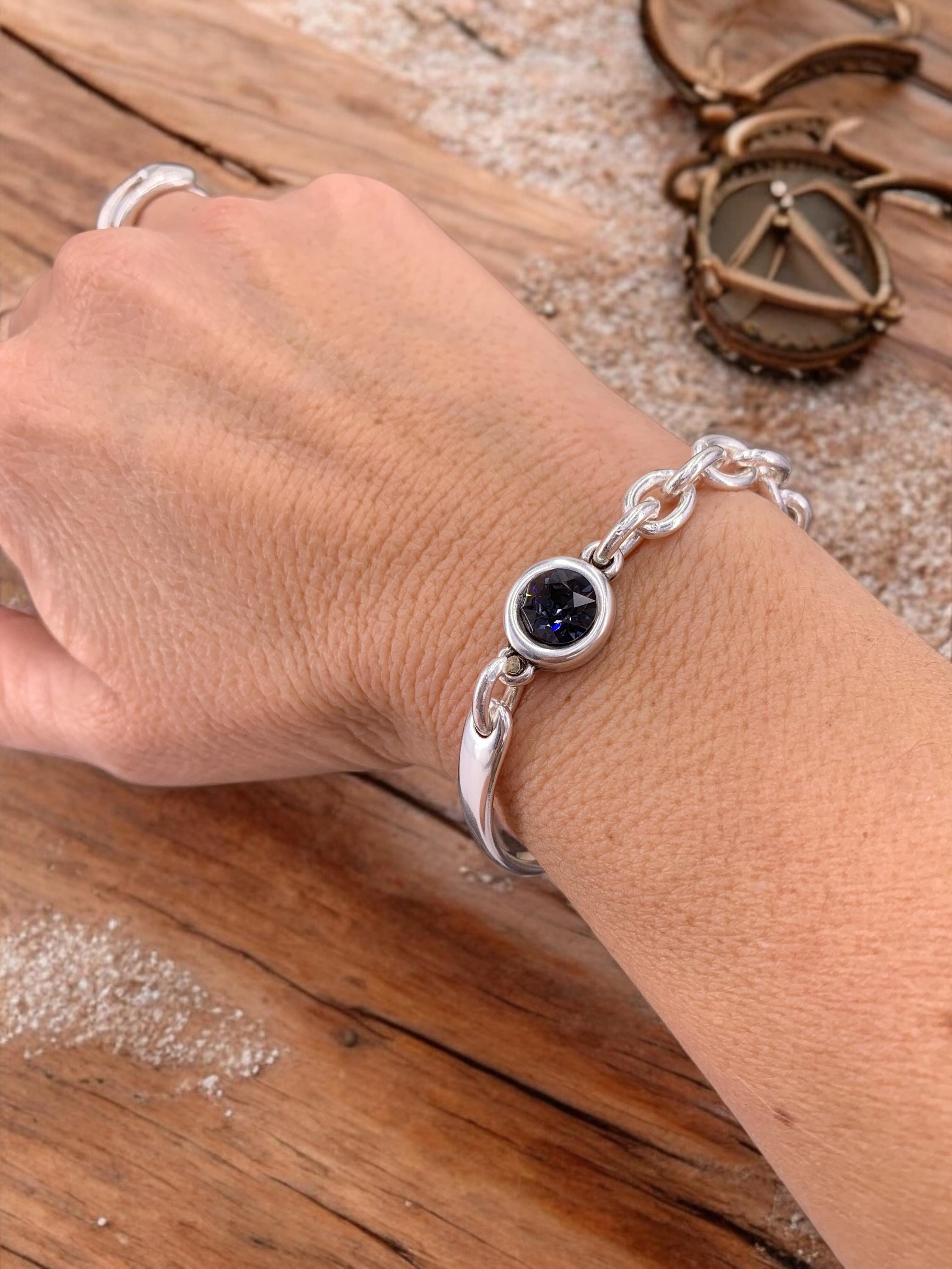 Chunky silver half cuff bracelet with chain and Swarovski conector, adjustable jewelry