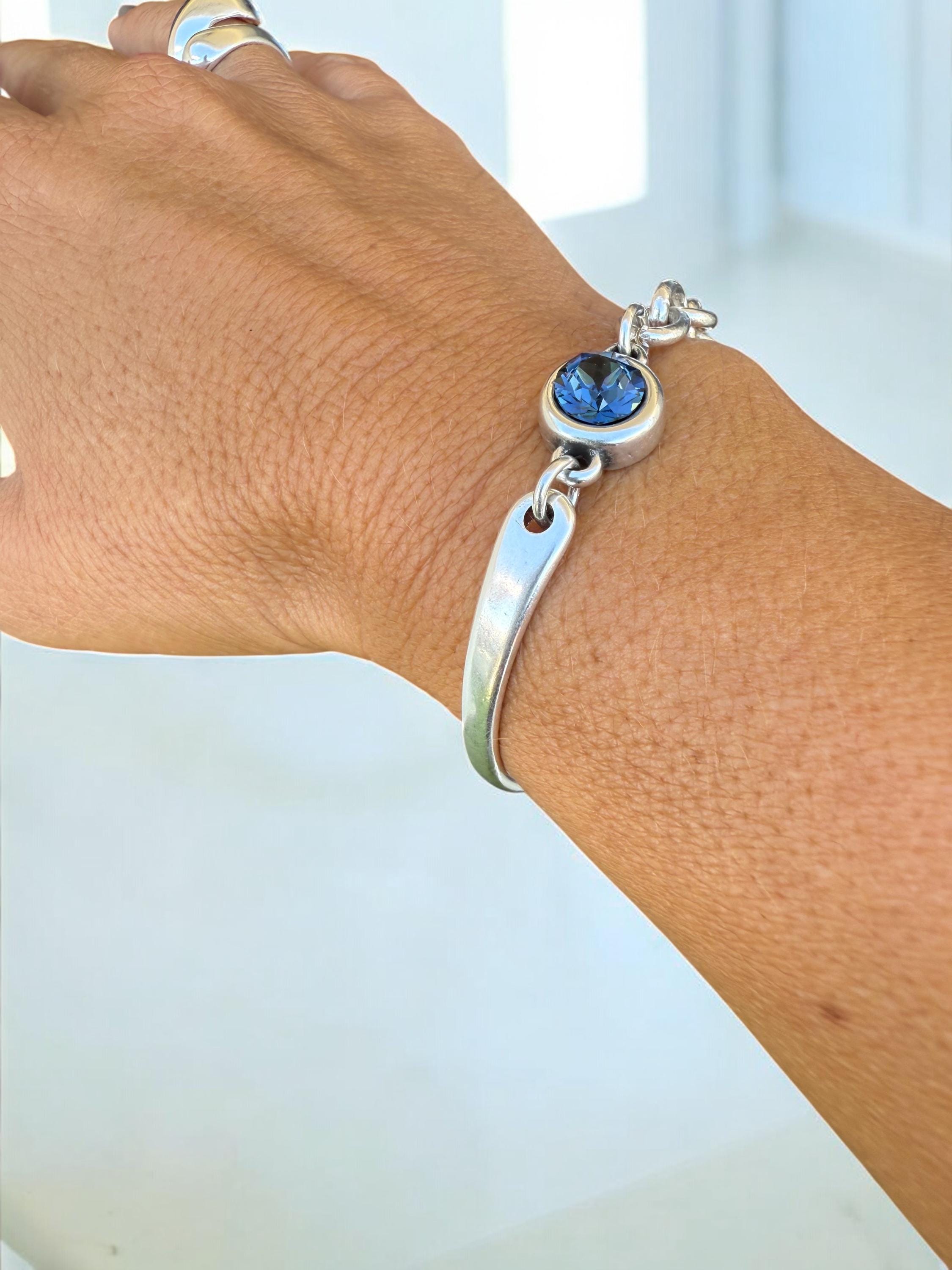 Chunky silver half cuff bracelet with chain and Swarovski conector, adjustable jewelry